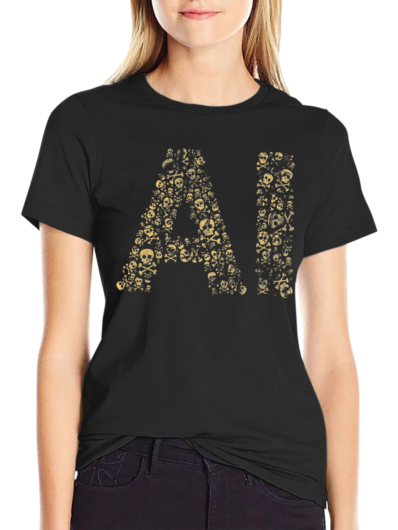 Black AI Skull Graphic T-Shirt - Black Cotton Blend view 2