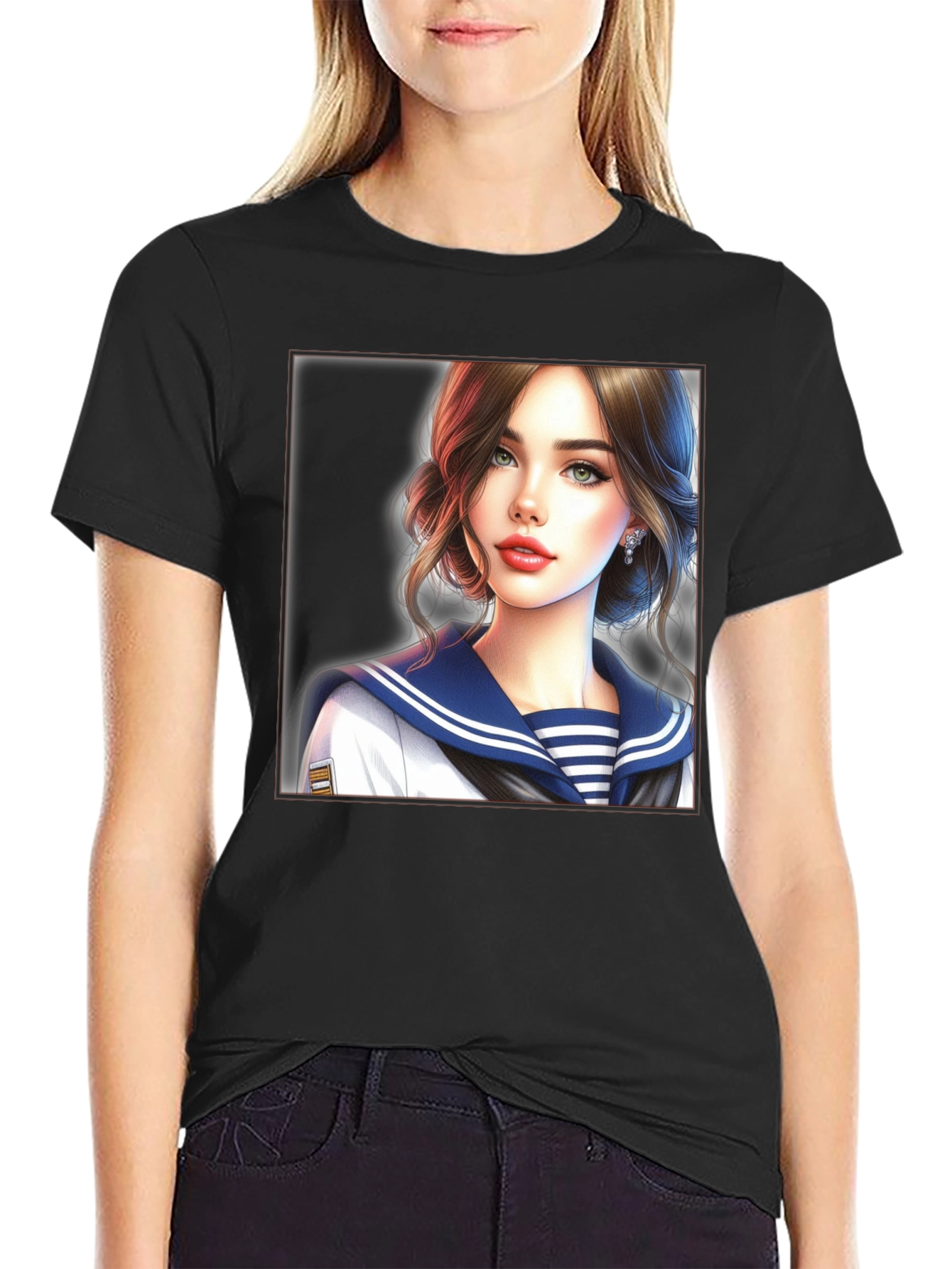 Black Anime Girl Sailor Outfit Black T-Shirt view 2