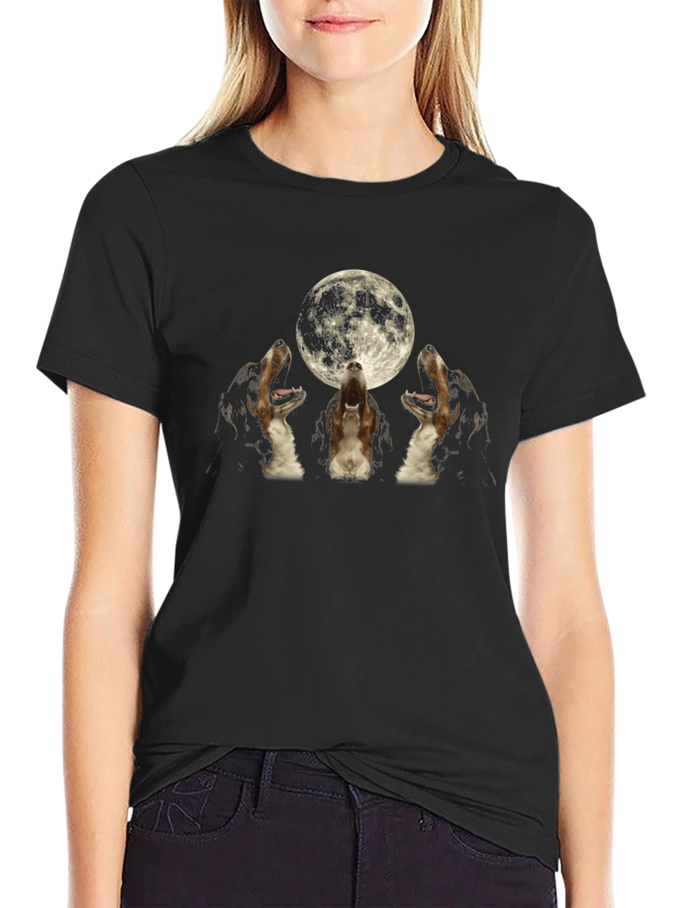 Black Howling Dogs Moon Graphic T-Shirt view 2