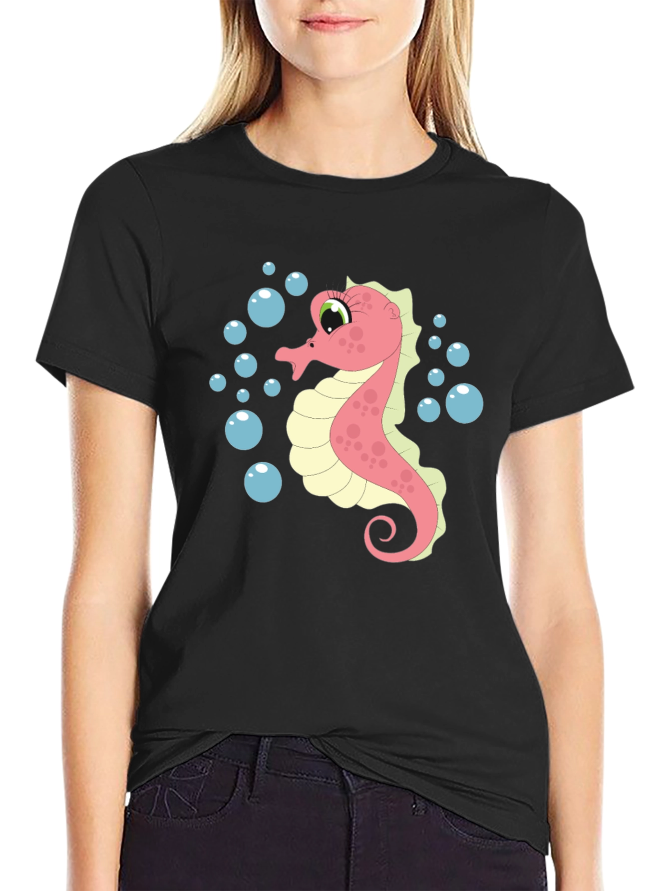 Black Seahorse Graphic T-Shirt - Unique Ocean Life Design view 2