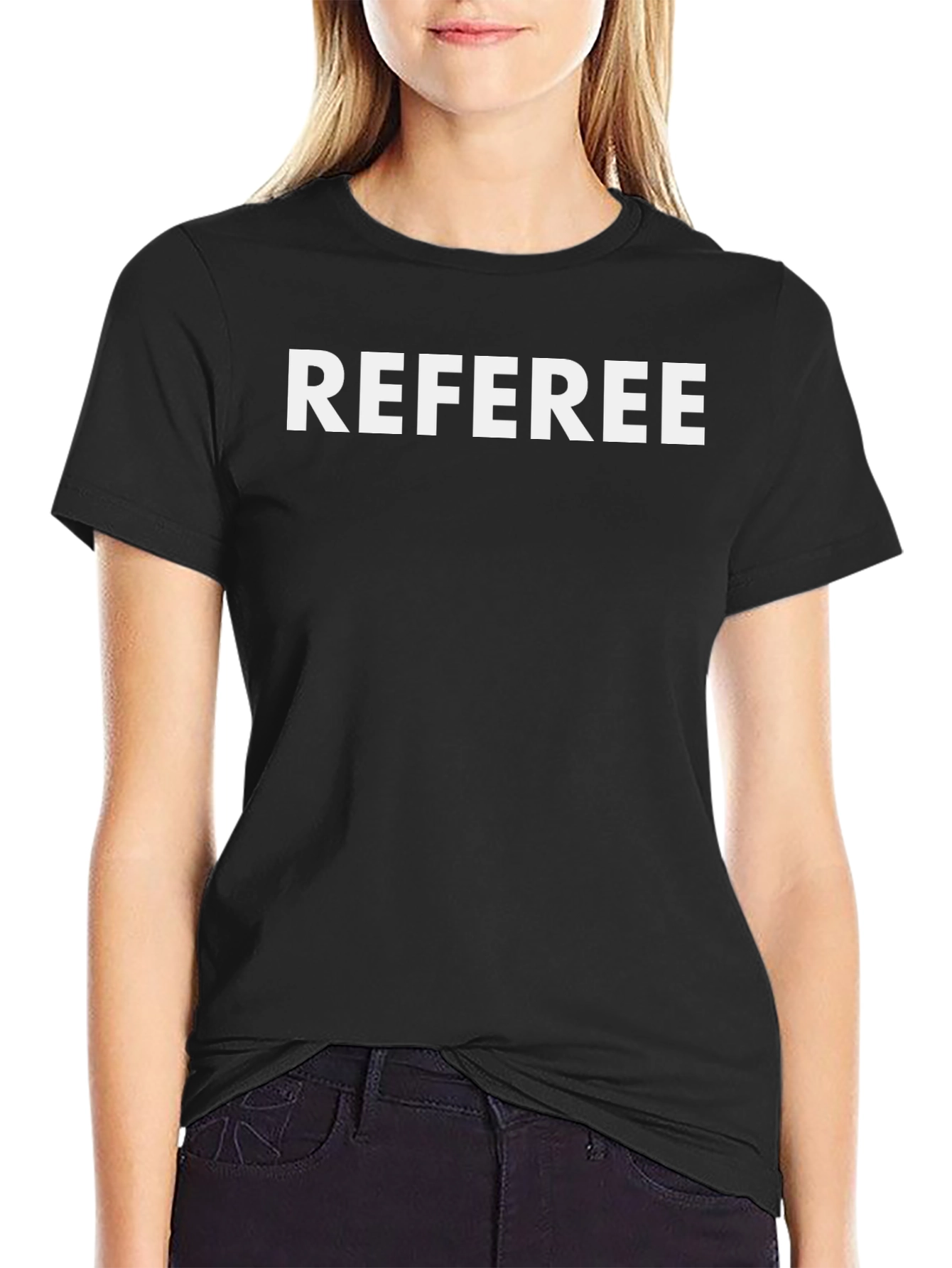 Black Referee T-Shirt - Black Crew Neck - Bold White Lettering view 2