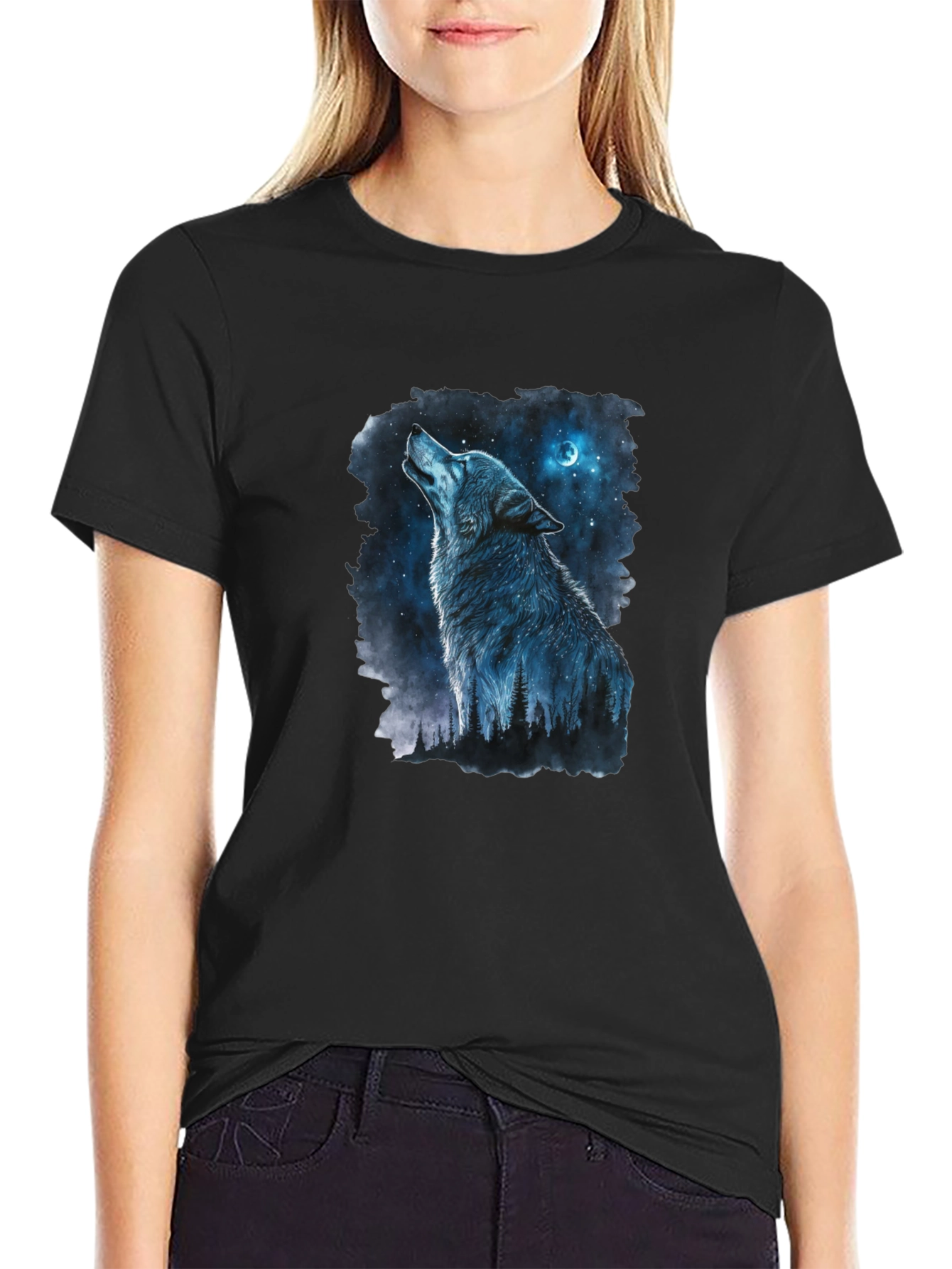 Black Wolf Howling at Moon Graphic Black T-Shirt view 2