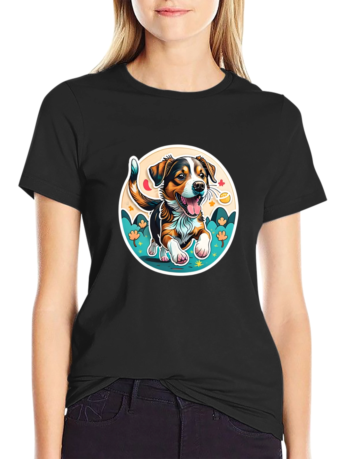 Black Cute Cartoon Dog Graphic Tee view 2