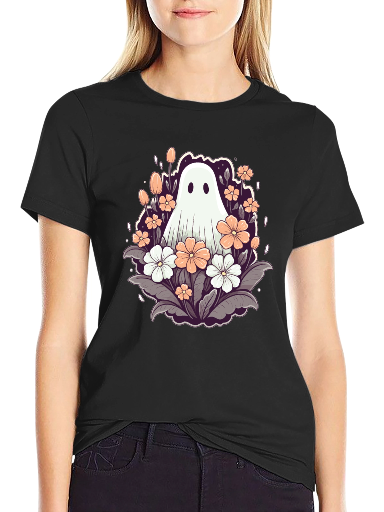 Black Floral Ghost Graphic Tee - Spooky Season Style view 2