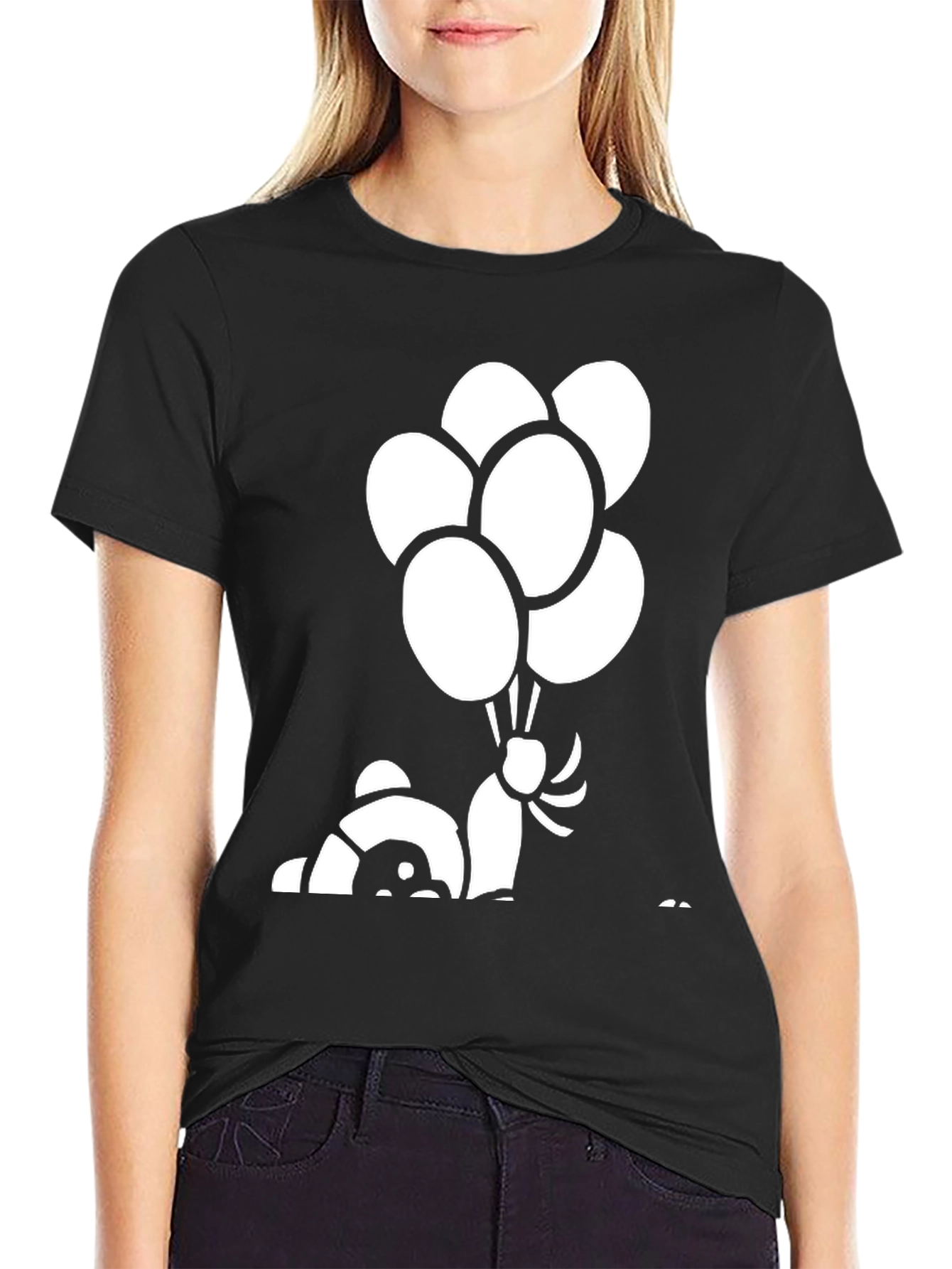 Black Panda Bear Balloon Graphic Black T-Shirt view 2