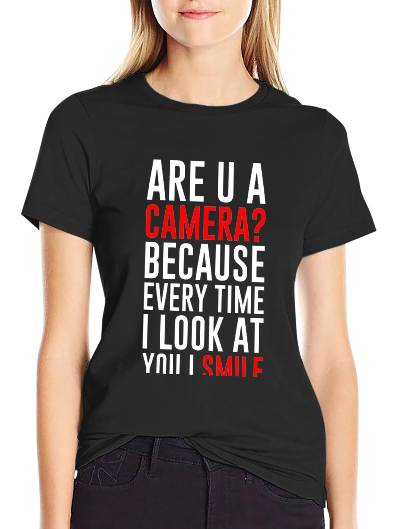 Black Camera Smile T-Shirt: Humorous Pick Up Line Tee view 2