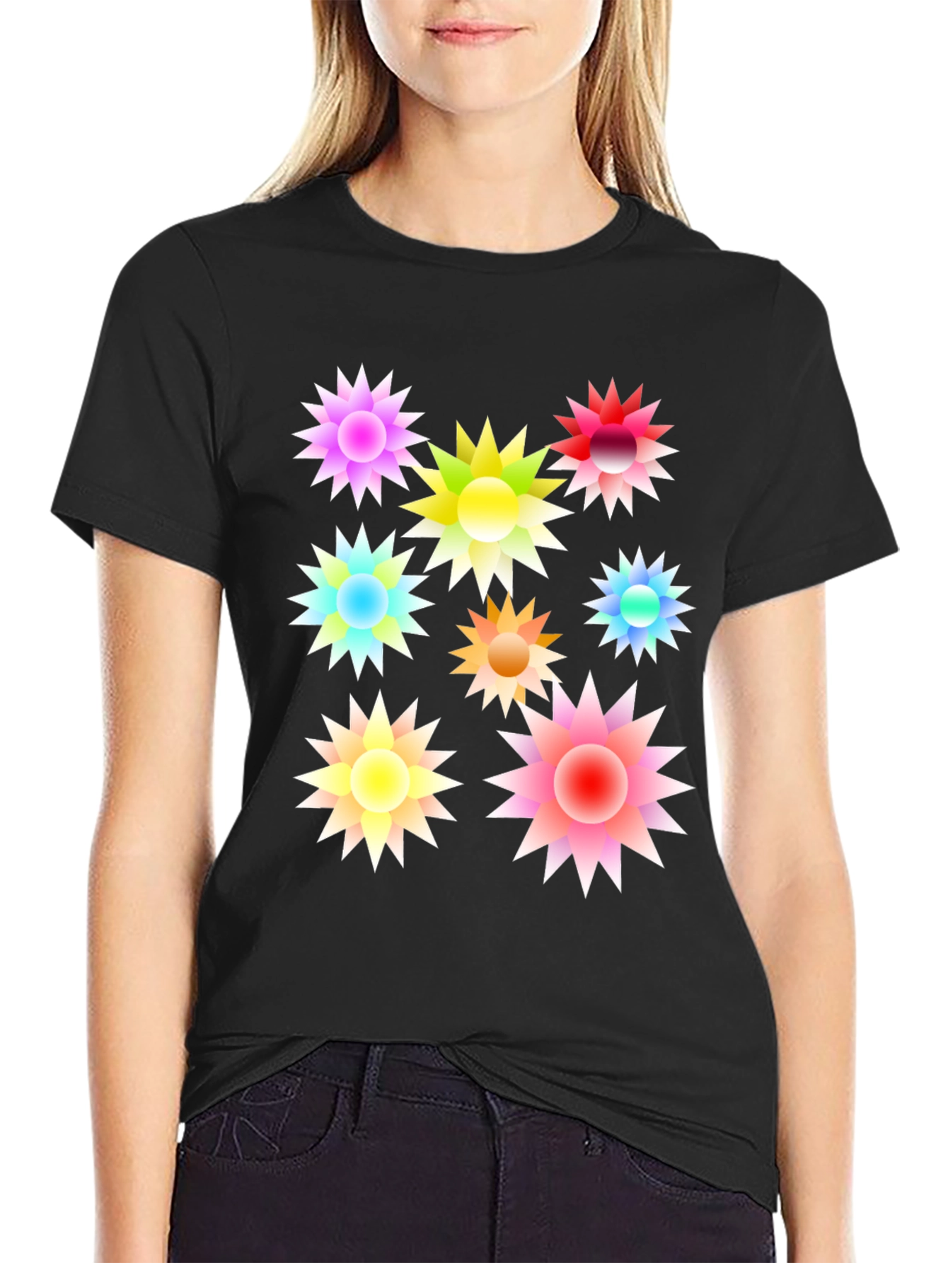 Black Colorful Floral Burst Black T-Shirt view 2