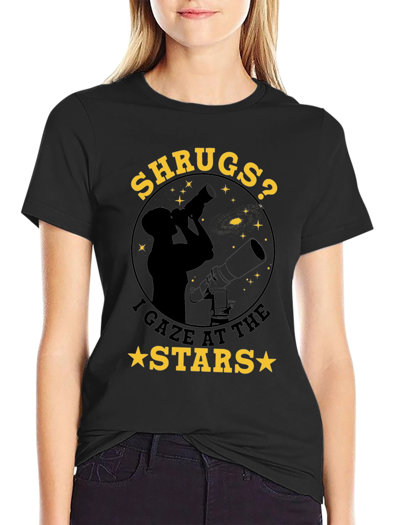Black Shrugs? I Gaze at the Stars T-Shirt - Astronomy Tee view 2