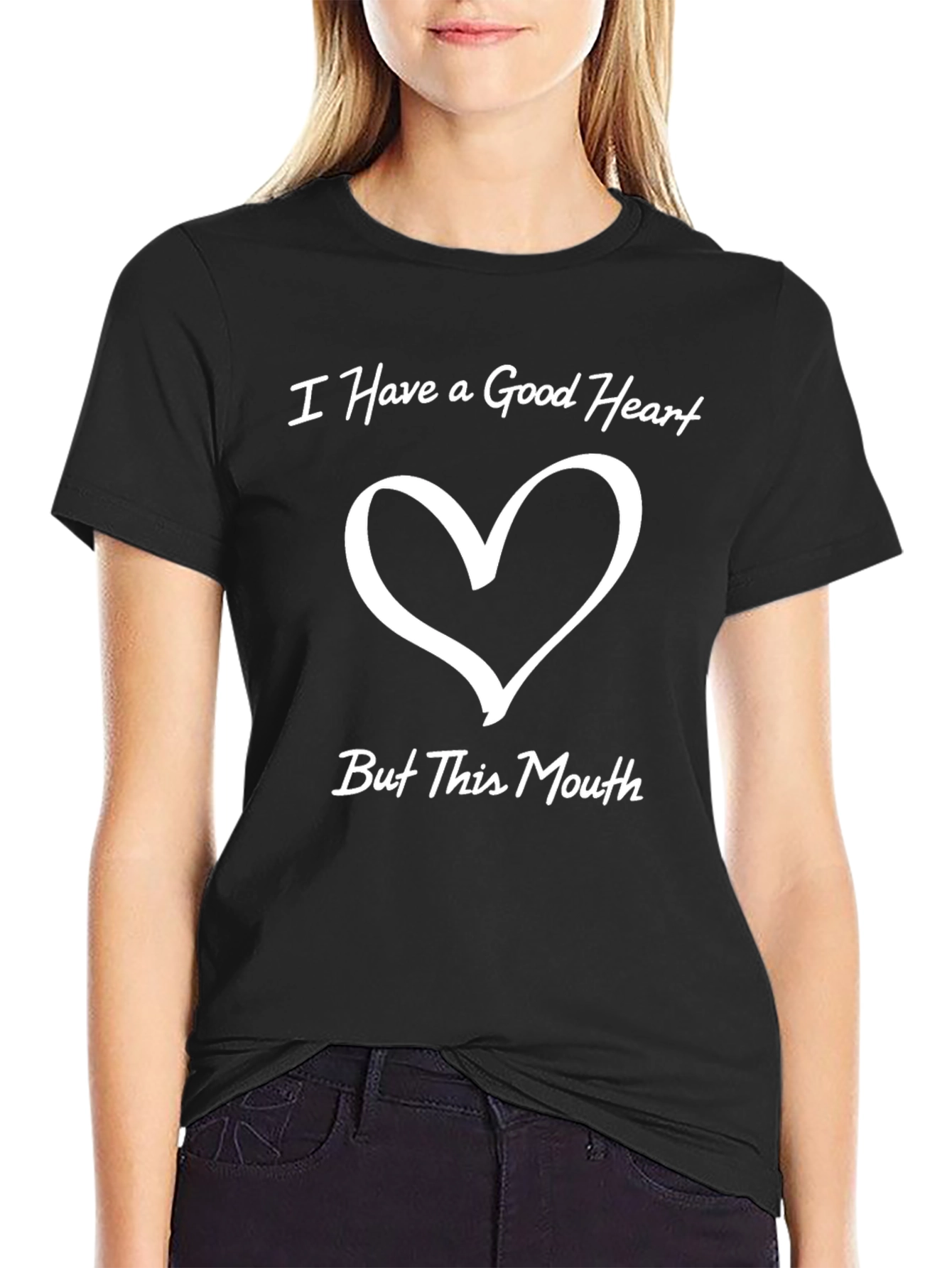 Black Good Heart, Bad Mouth Black Graphic T-Shirt view 2