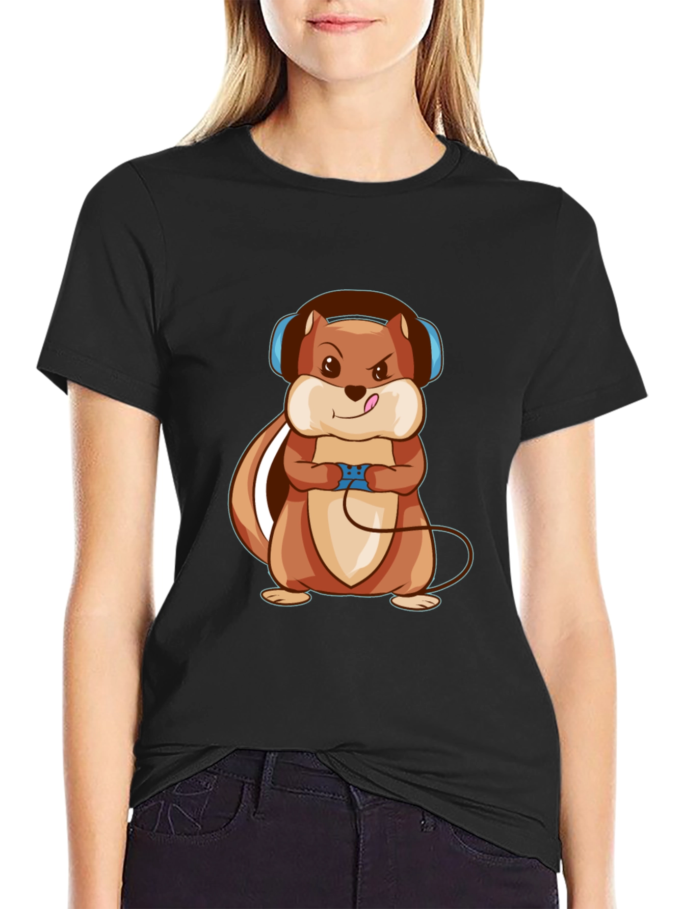 Black Gamer Squirrel Graphic Tee - Black Cotton T-Shirt view 2