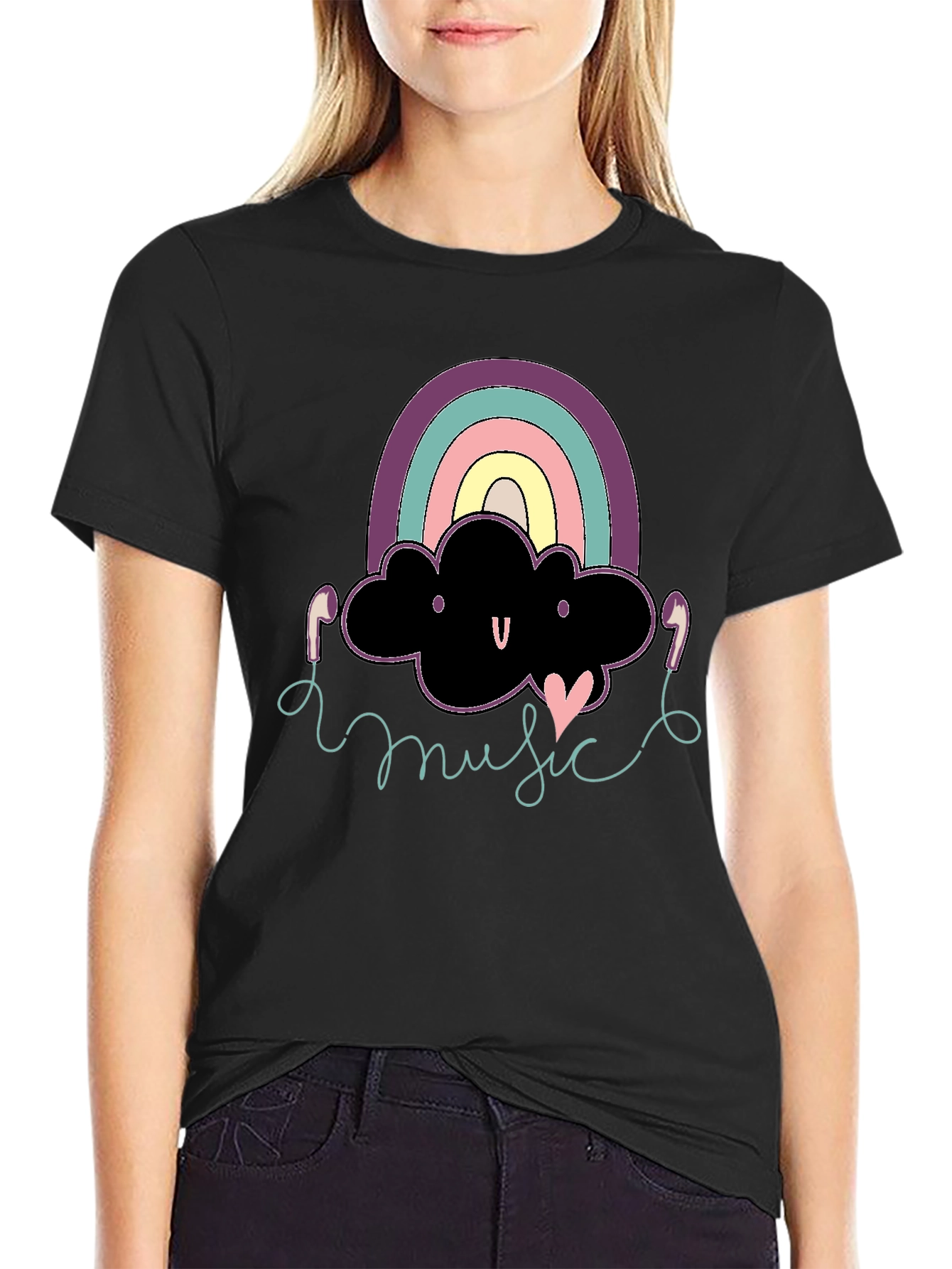 Black Rainbow Cloud Music T-Shirt Cute Design Black Cotton view 2