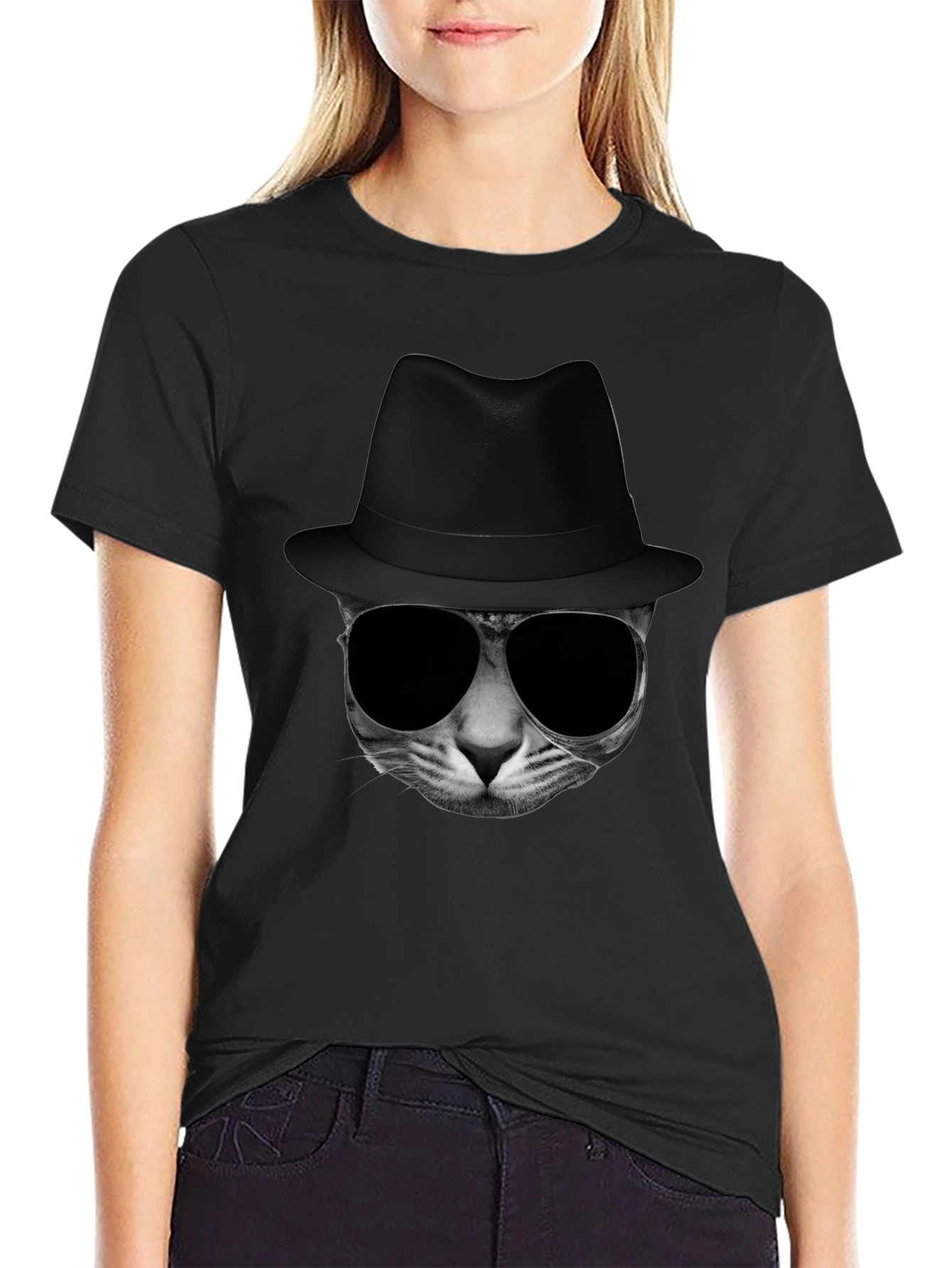Black Cool Cat in Hat Graphic Tee view 2