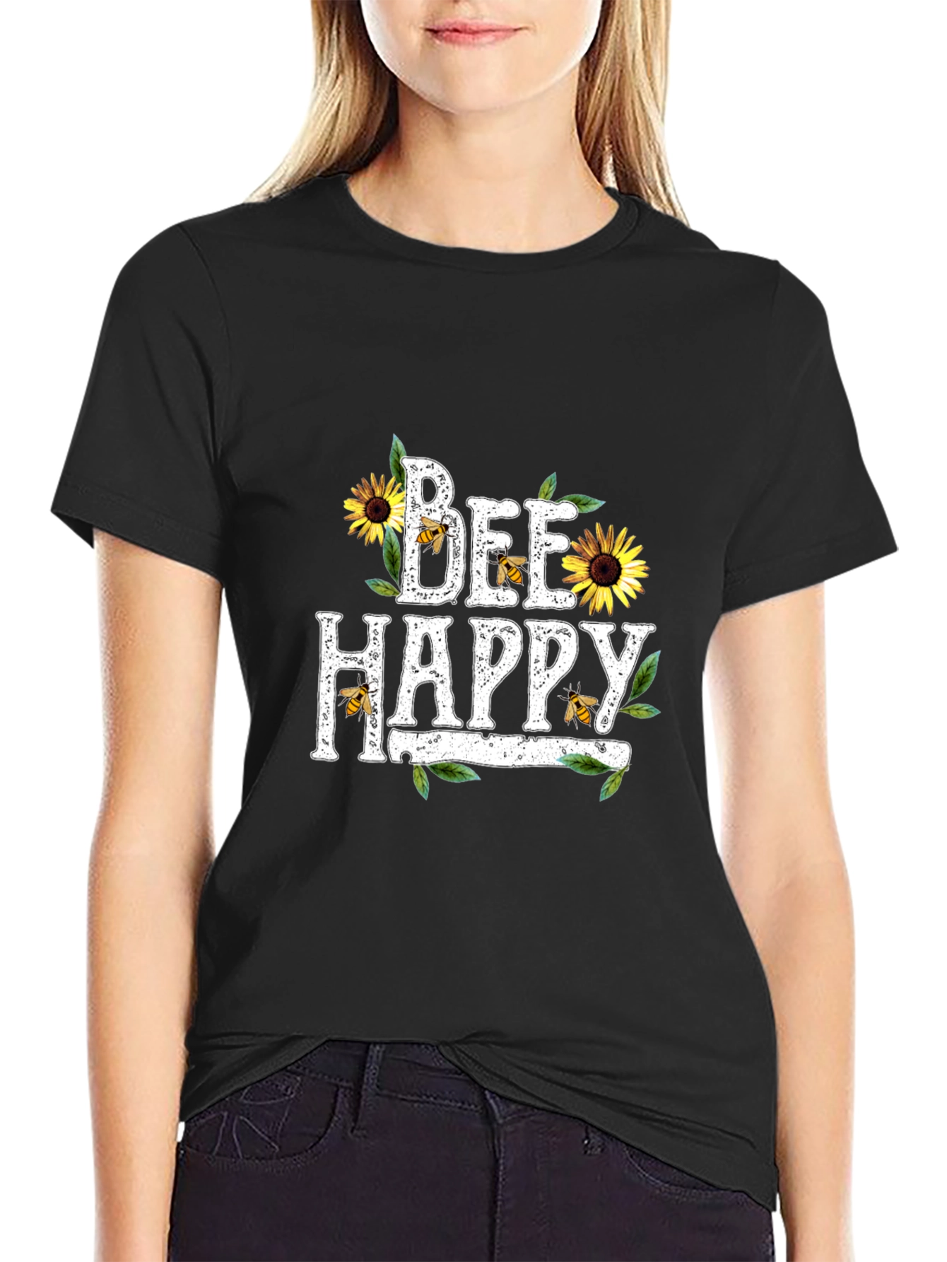Black Bee Happy Sunflower Graphic T-Shirt view 2