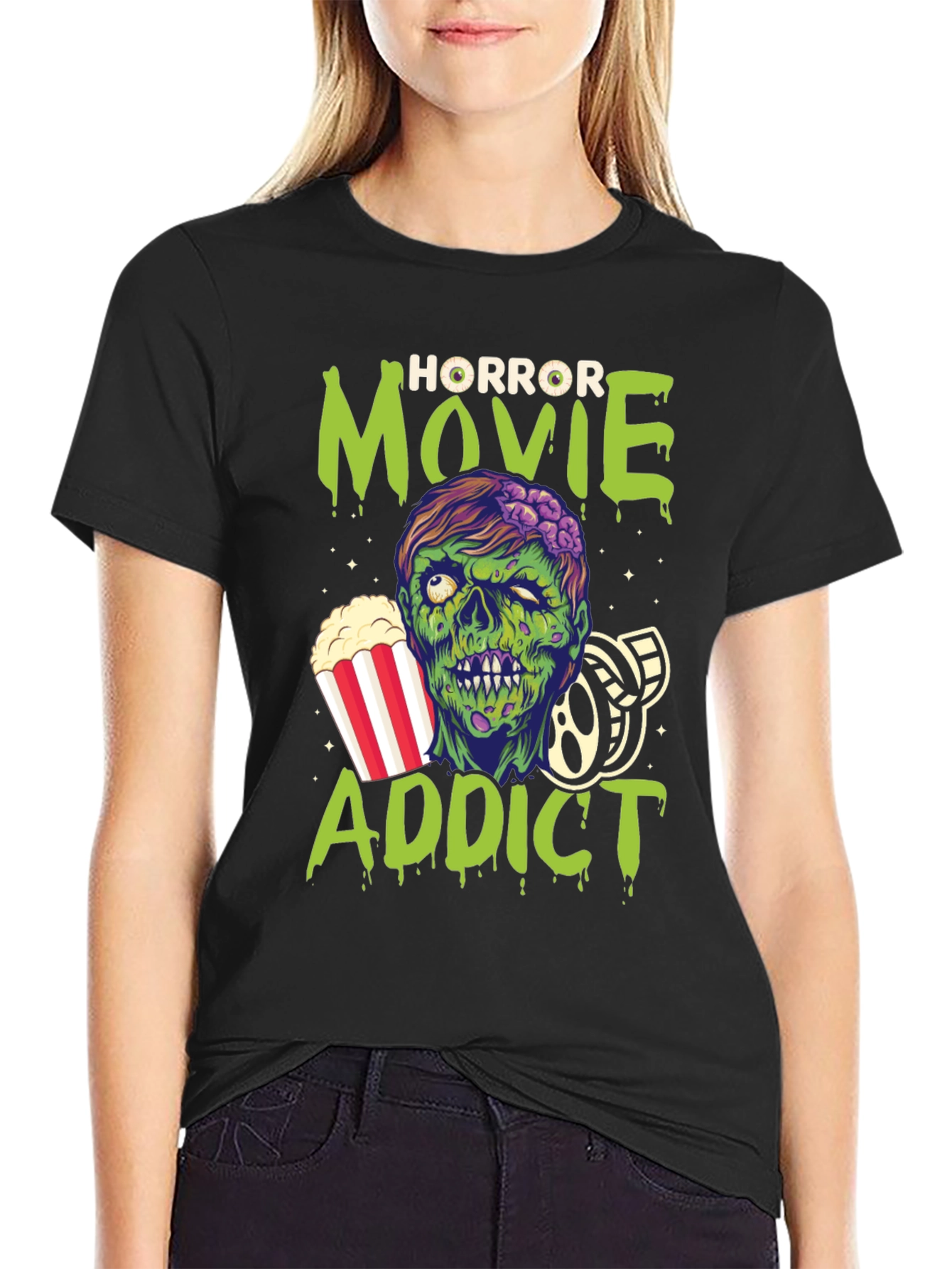 Black Horror Movie Addict Graphic T-Shirt view 2