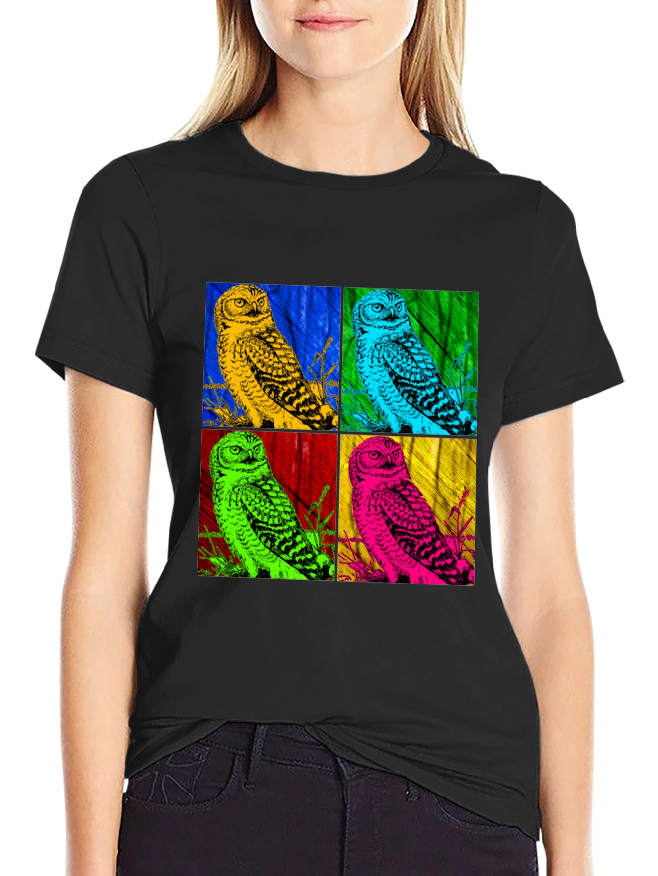 Black Pop Art Owl Graphic Tee - Bold Colorful Design view 2