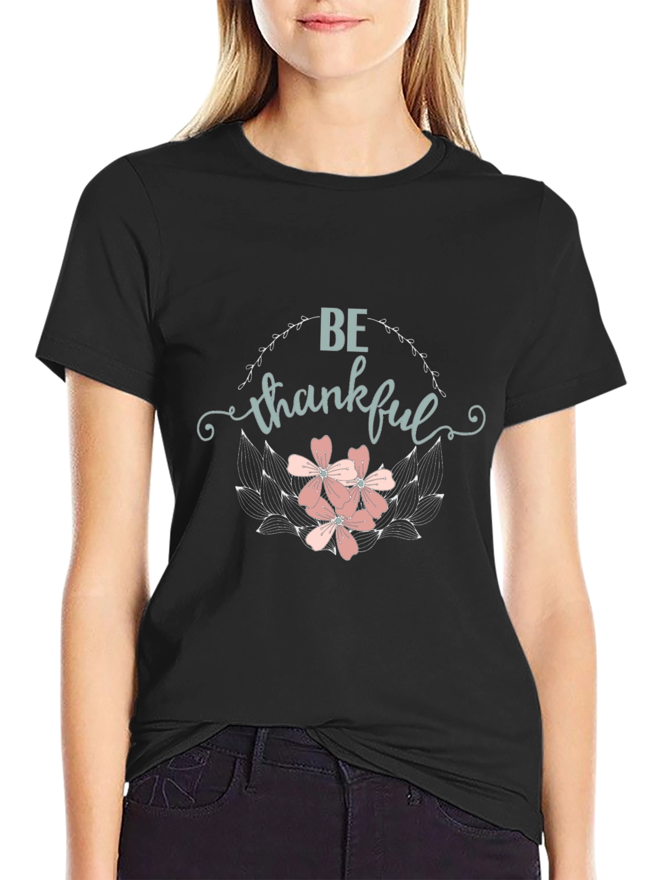 Black Be Thankful Floral Graphic T-Shirt view 2