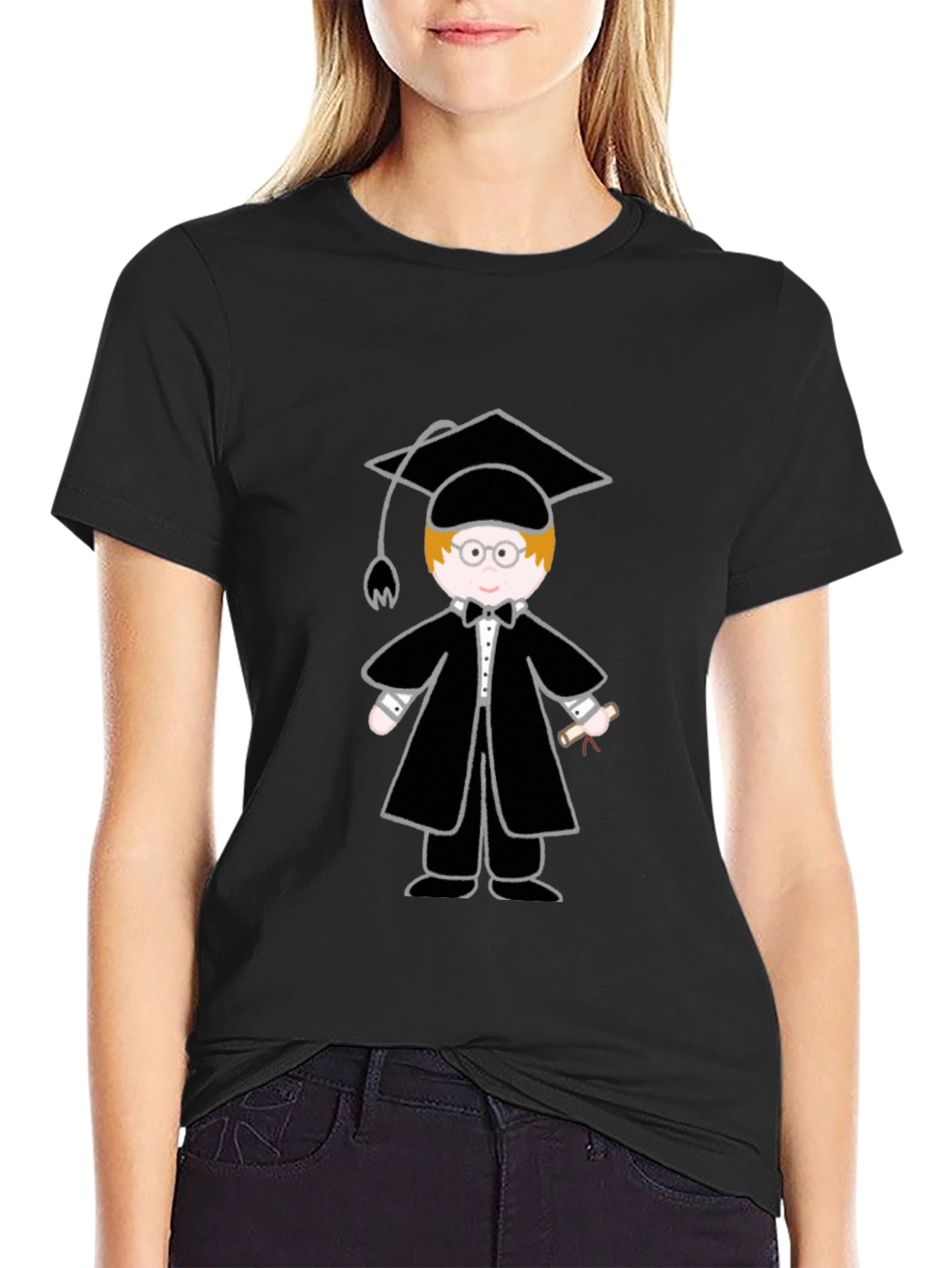 Graduation Cartoon Graphic T-Shirt - Black - 2