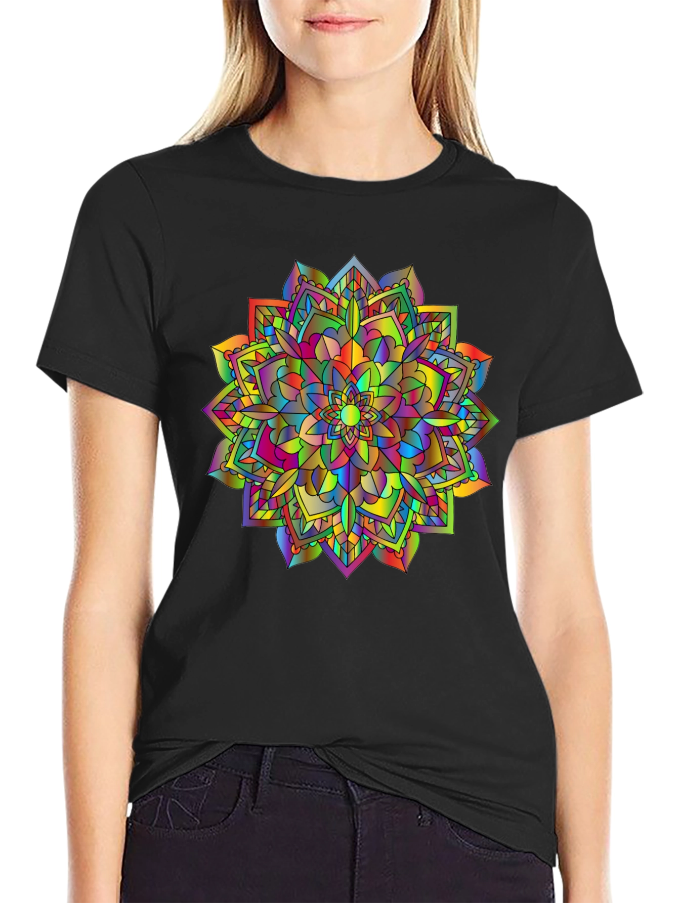 Black Rainbow Mandala T-Shirt - Vibrant Graphic Tee view 2
