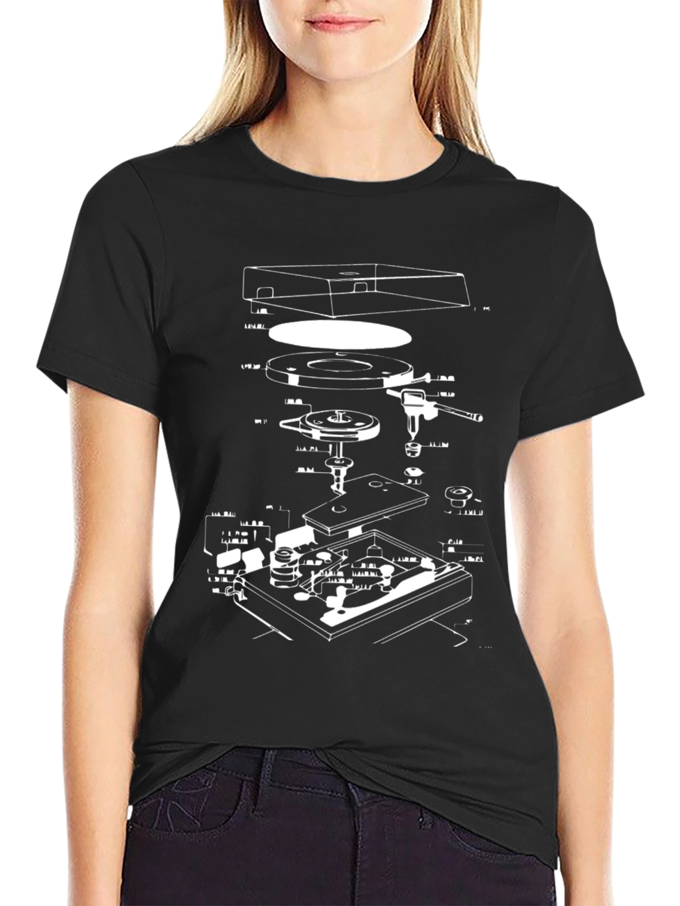 Black Retro Turntable Schematic Graphic T-Shirt view 2