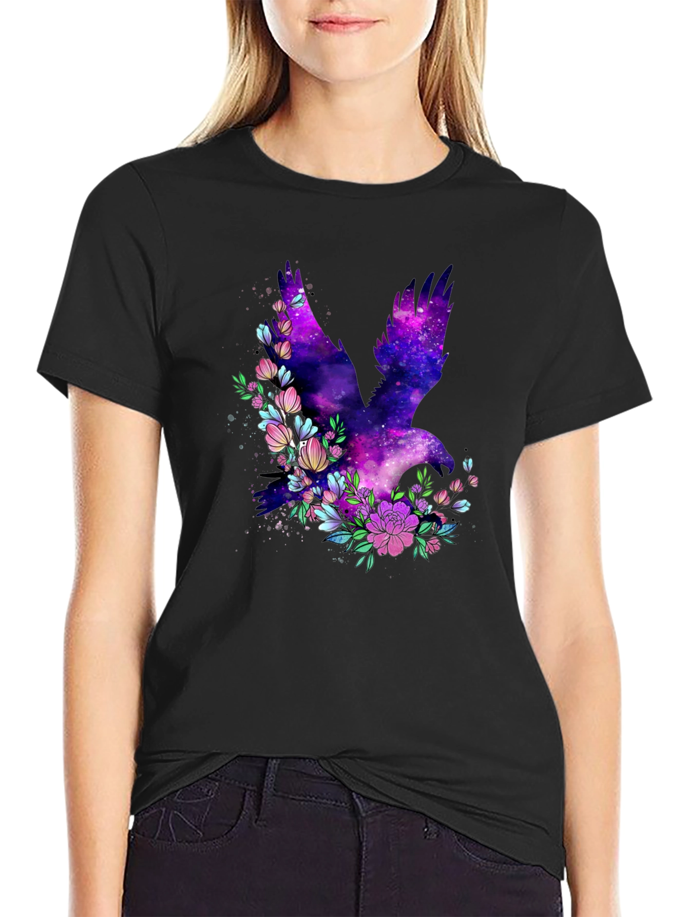 Black Galaxy Bird Floral Graphic T-Shirt view 2
