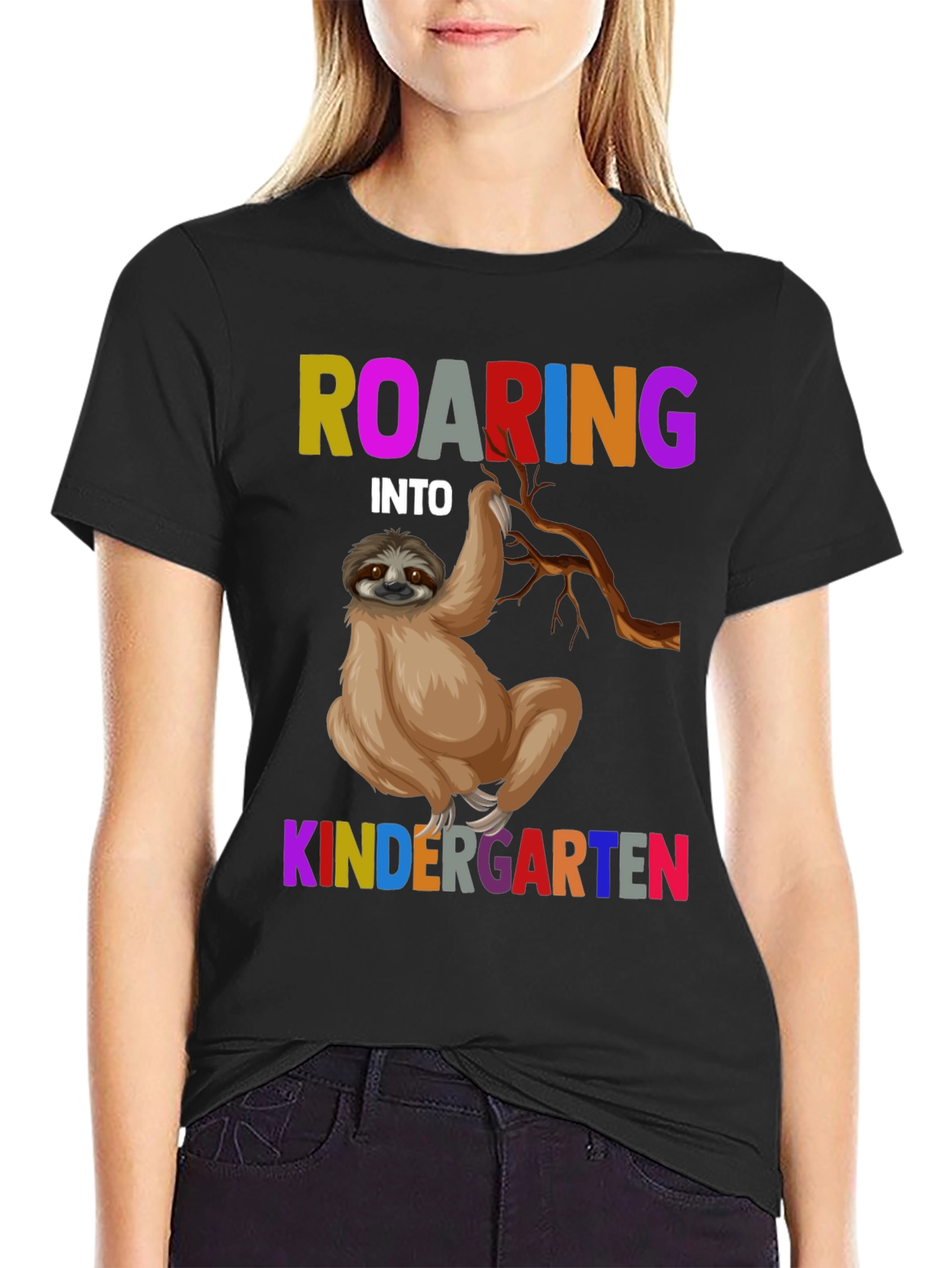 Black Roaring Into Kindergarten Sloth T-Shirt view 2