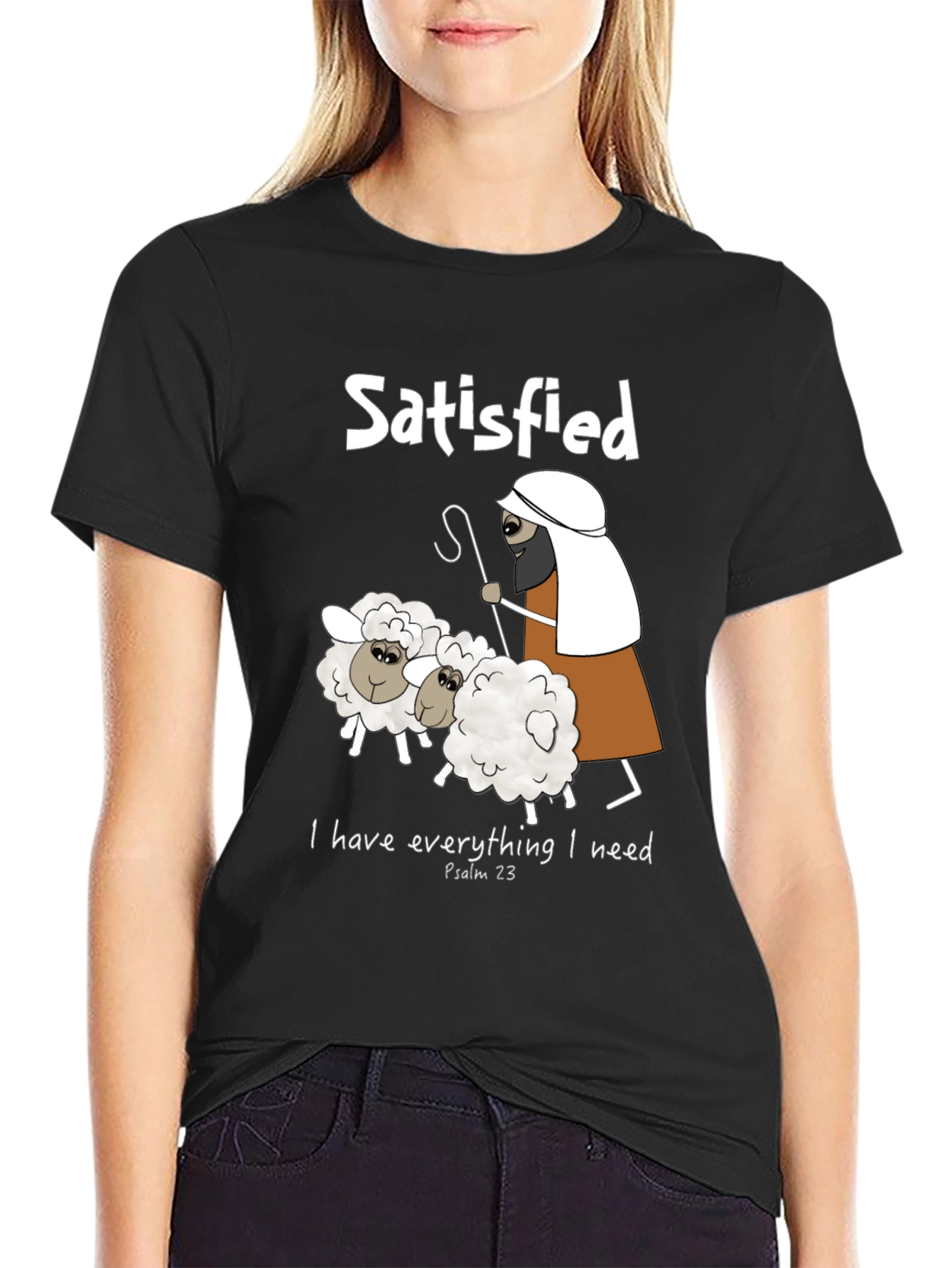 Black Satisfied Shepherd & Sheep T-Shirt, Psalm 23 view 2