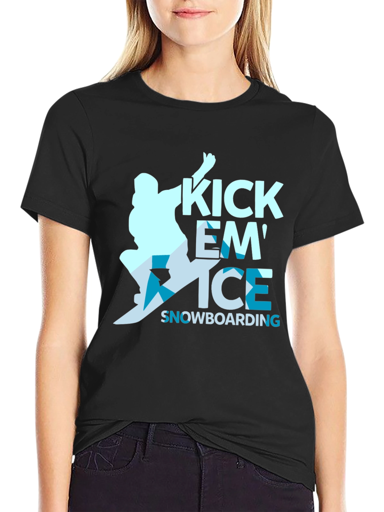 Black Kick Em' Ice Snowboarding Black T-Shirt view 2