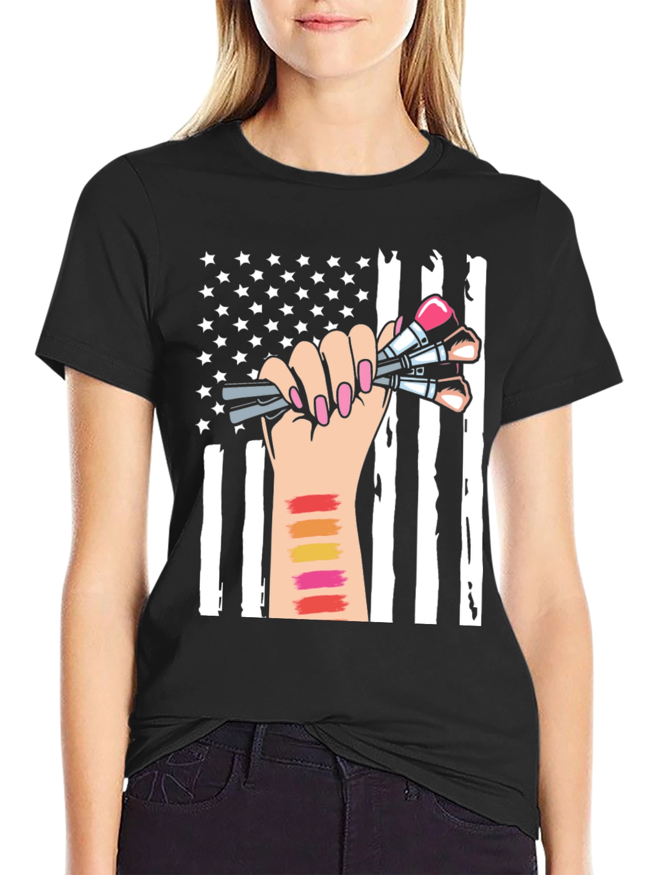 Black Makeup Artist American Flag T-Shirt view 2