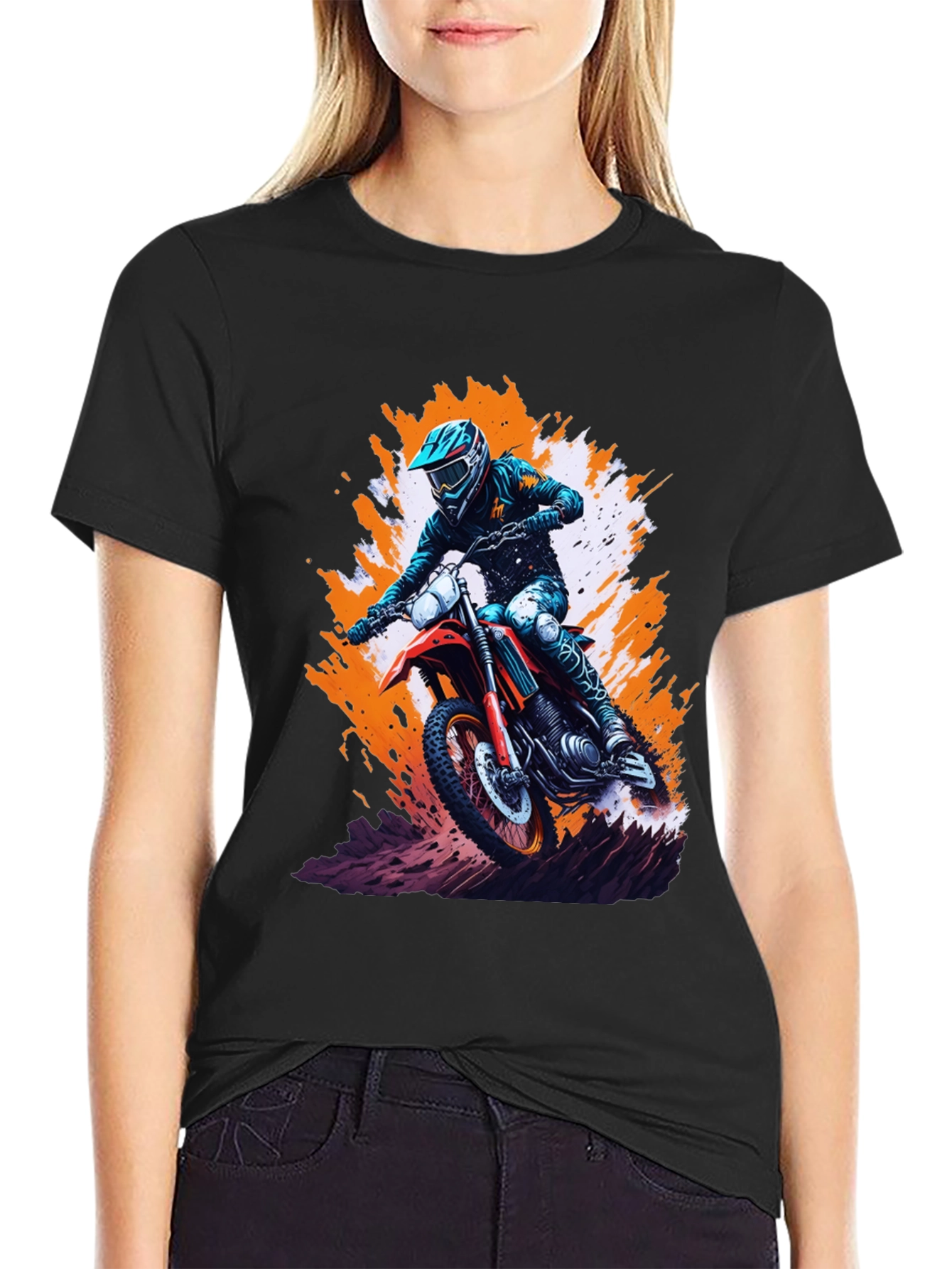 Black Motocross Rider Graphic Tee - Black Cotton Blend Shirt view 2