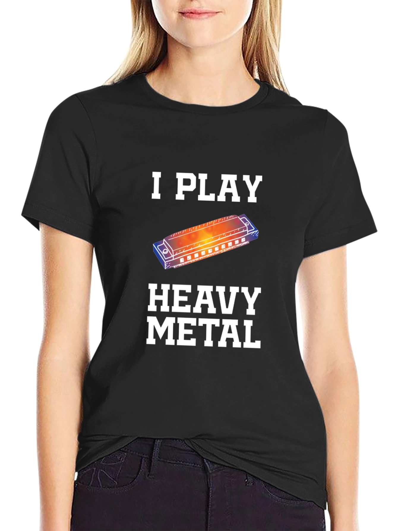 Black I Play Heavy Metal Harmonica T-Shirt view 2
