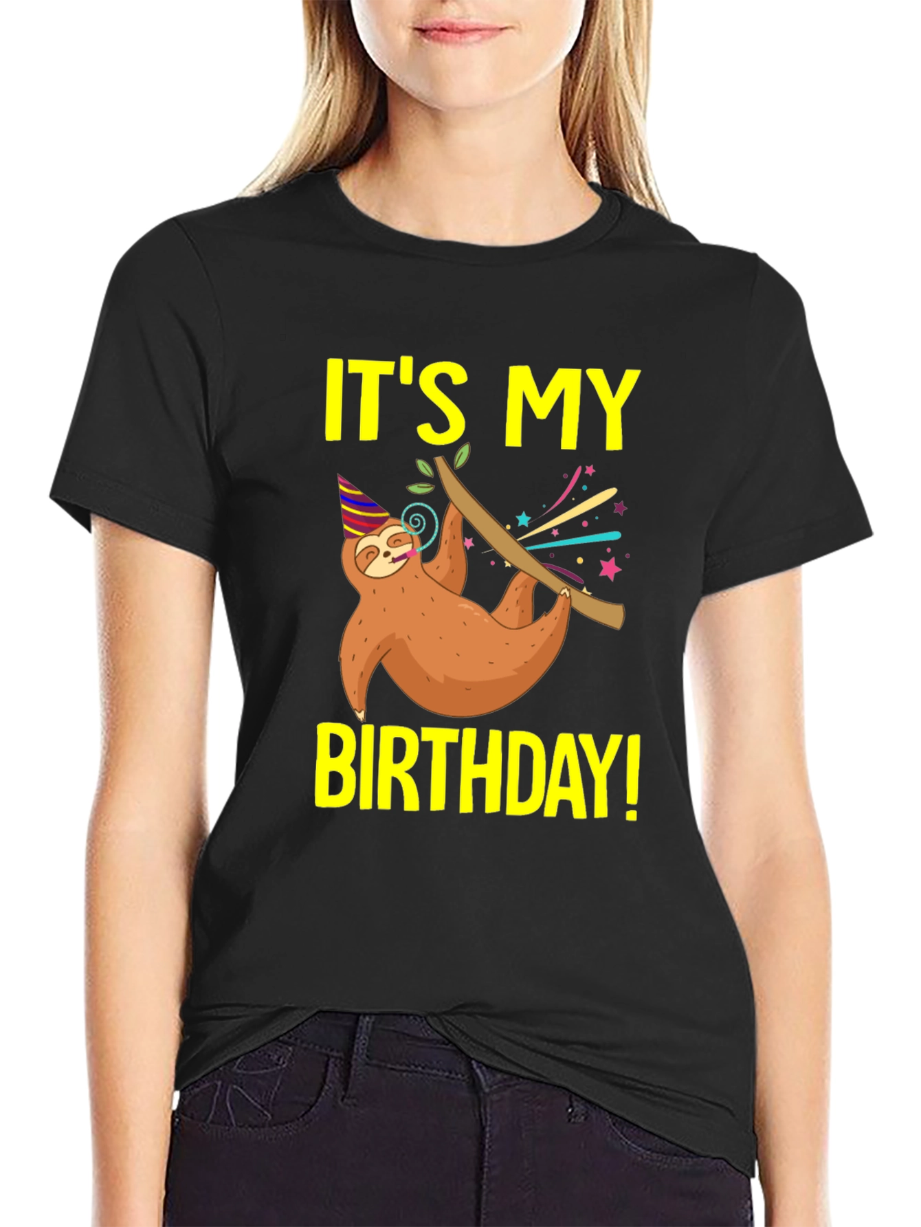 Black It's My Birthday Sloth T-Shirt - Fun Birthday Gift view 2