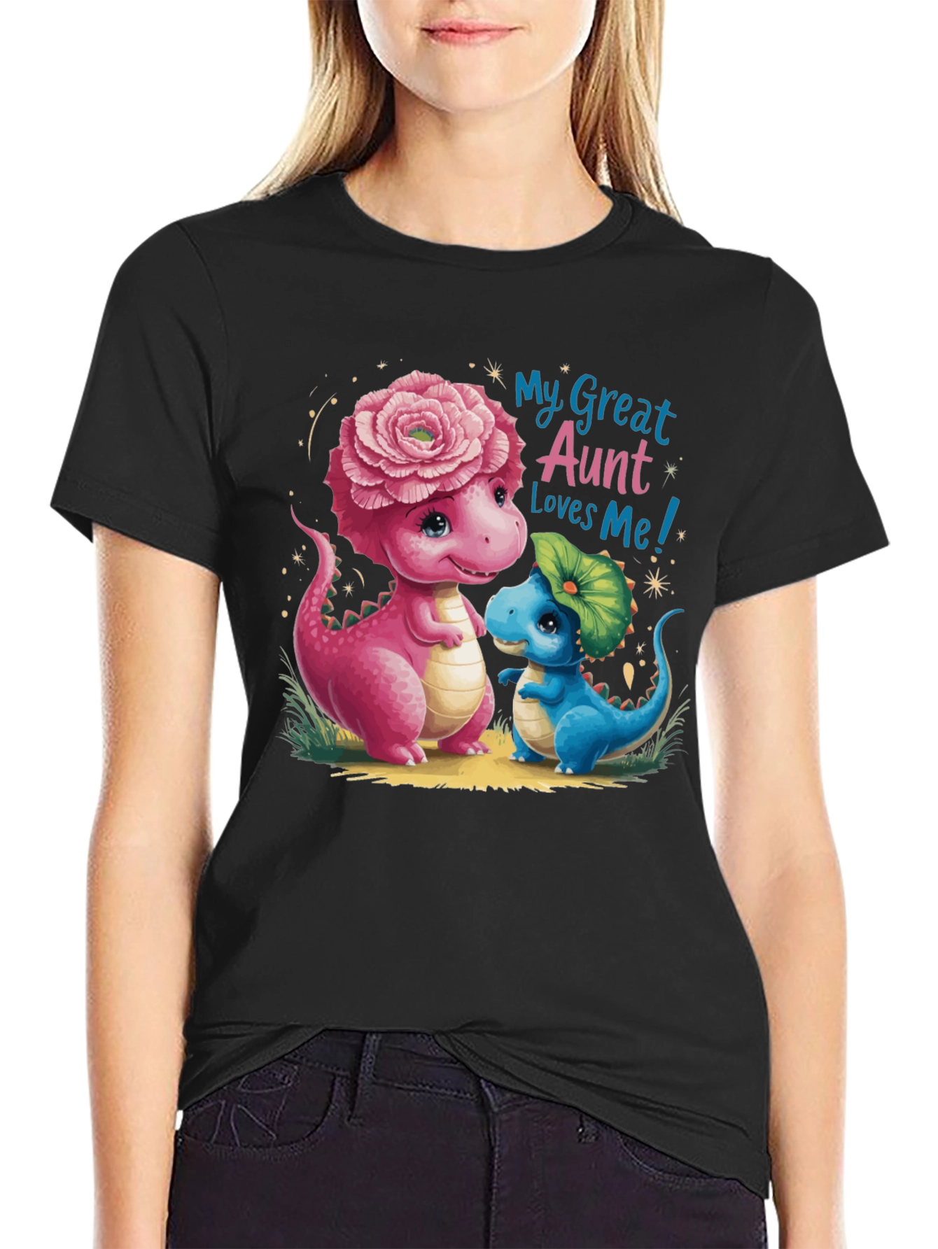 Black Cute Dinosaur 'My Great Aunt Loves Me' Black T-Shirt view 2