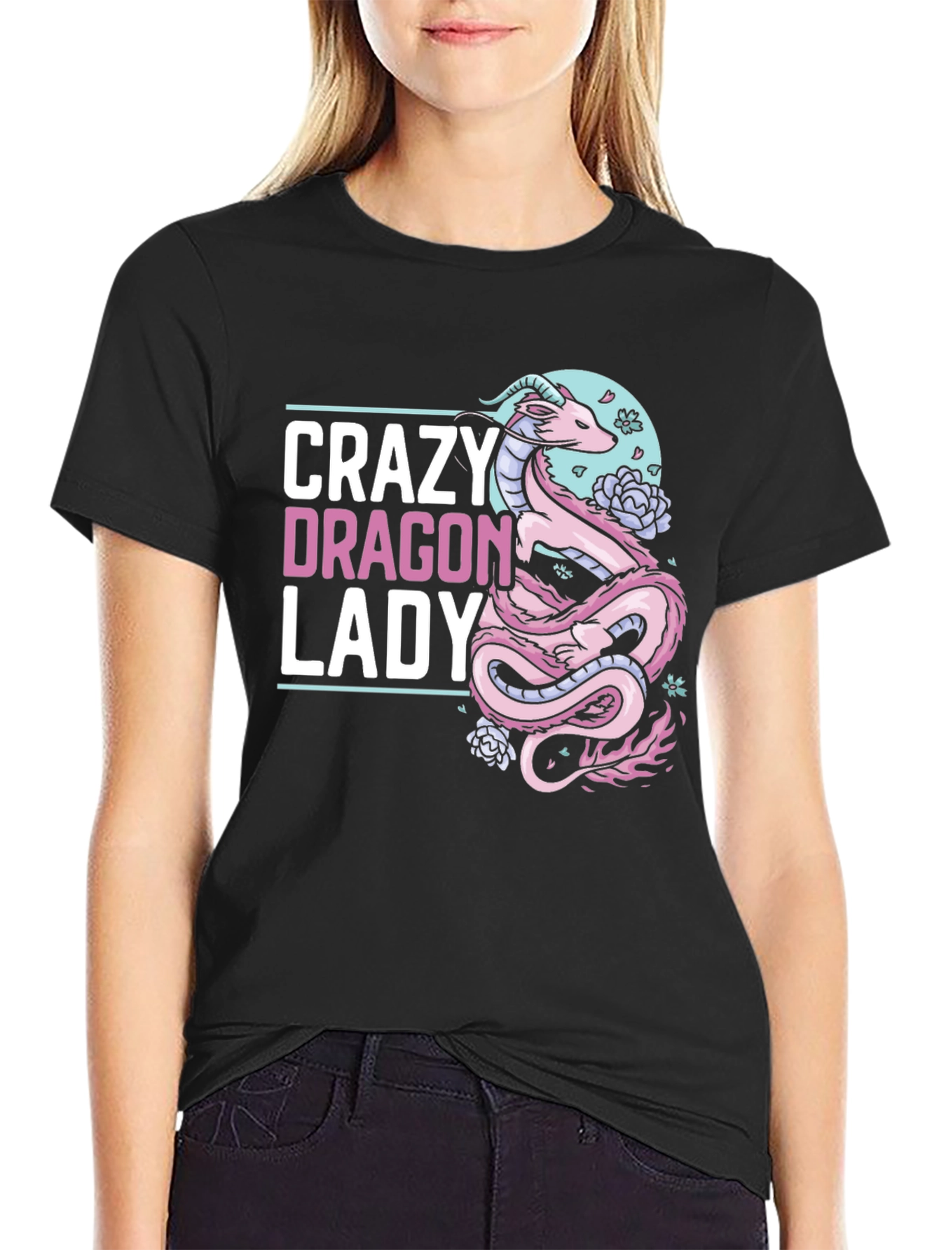 Black Crazy Dragon Lady T-Shirt - Unique Graphic Tee view 2