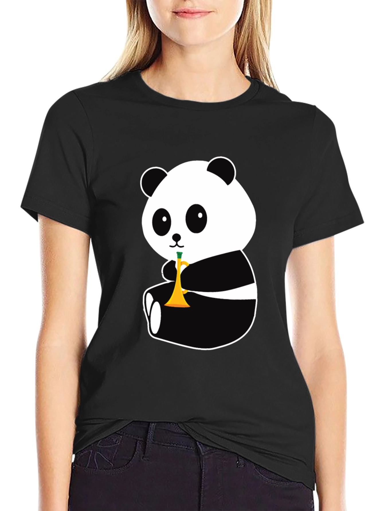 Black Panda Trumpet Black T-Shirt - Cute Cartoon Design view 2