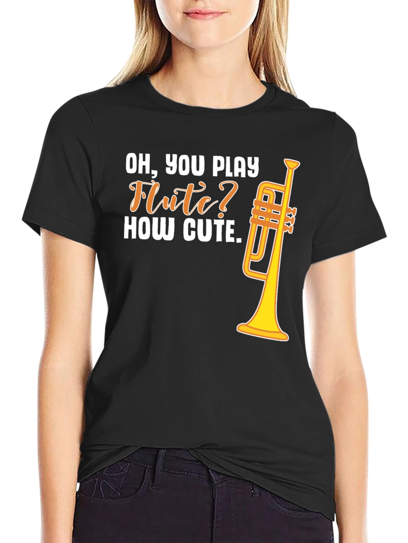 Black Funny Trumpet T-Shirt - "Oh, You Play Flute?" view 2