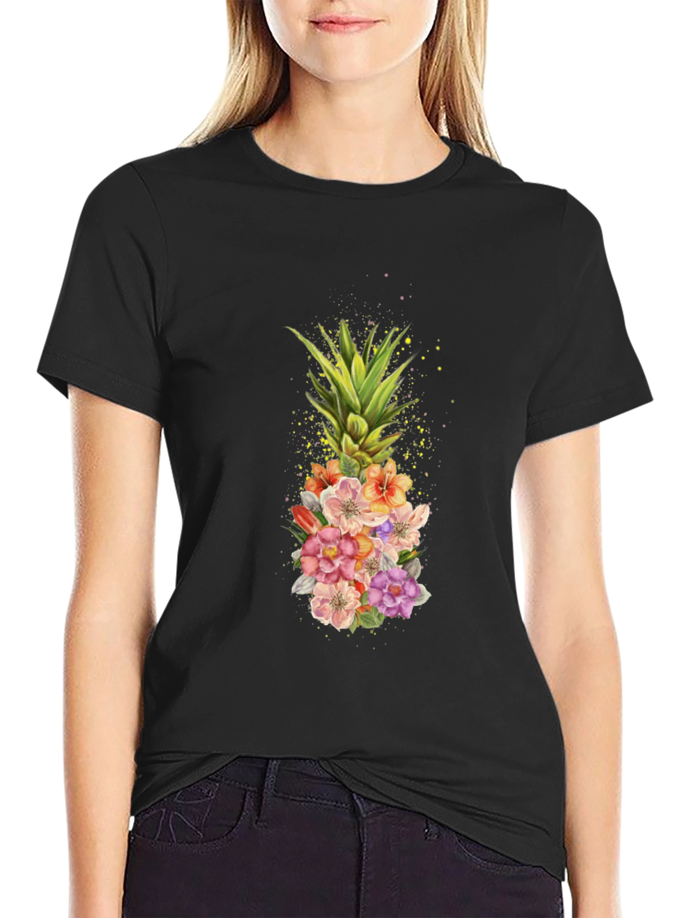 Black Floral Pineapple Graphic T-Shirt - Black view 2