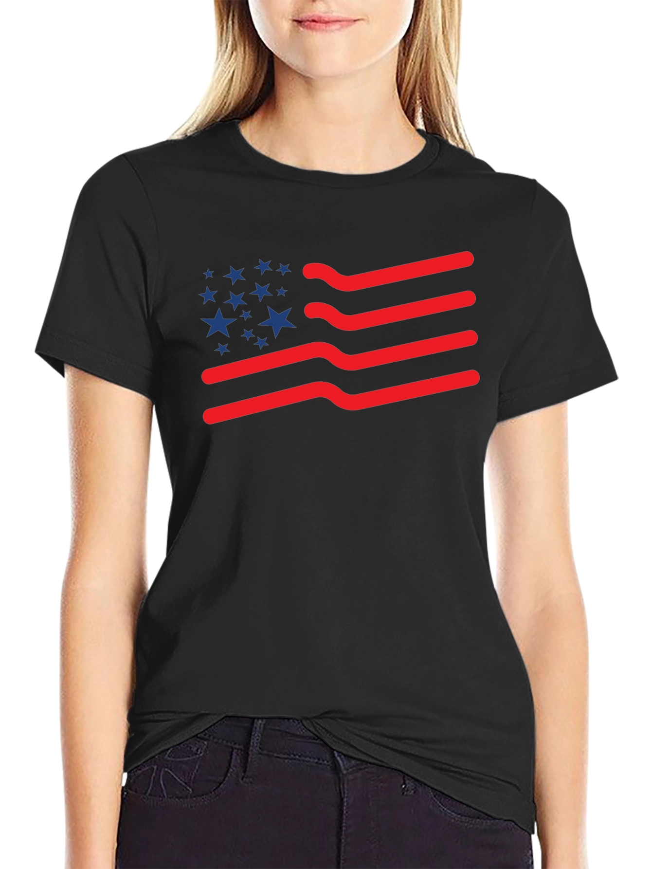 Black American Flag T-Shirt: Patriotic Wavy Stripes and Stars Tee view 2