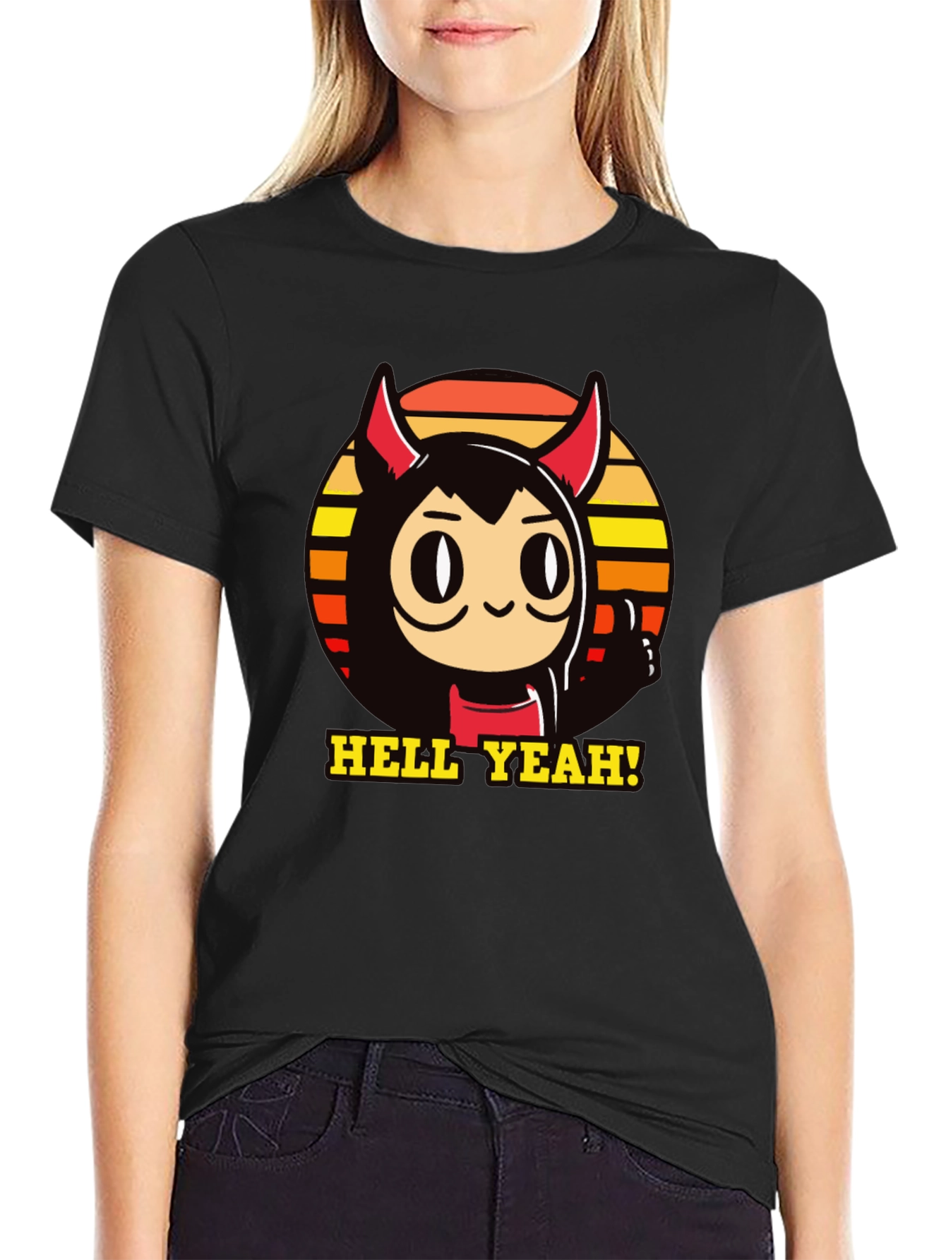 Black Hell Yeah Devil Cartoon Graphic Tee view 2