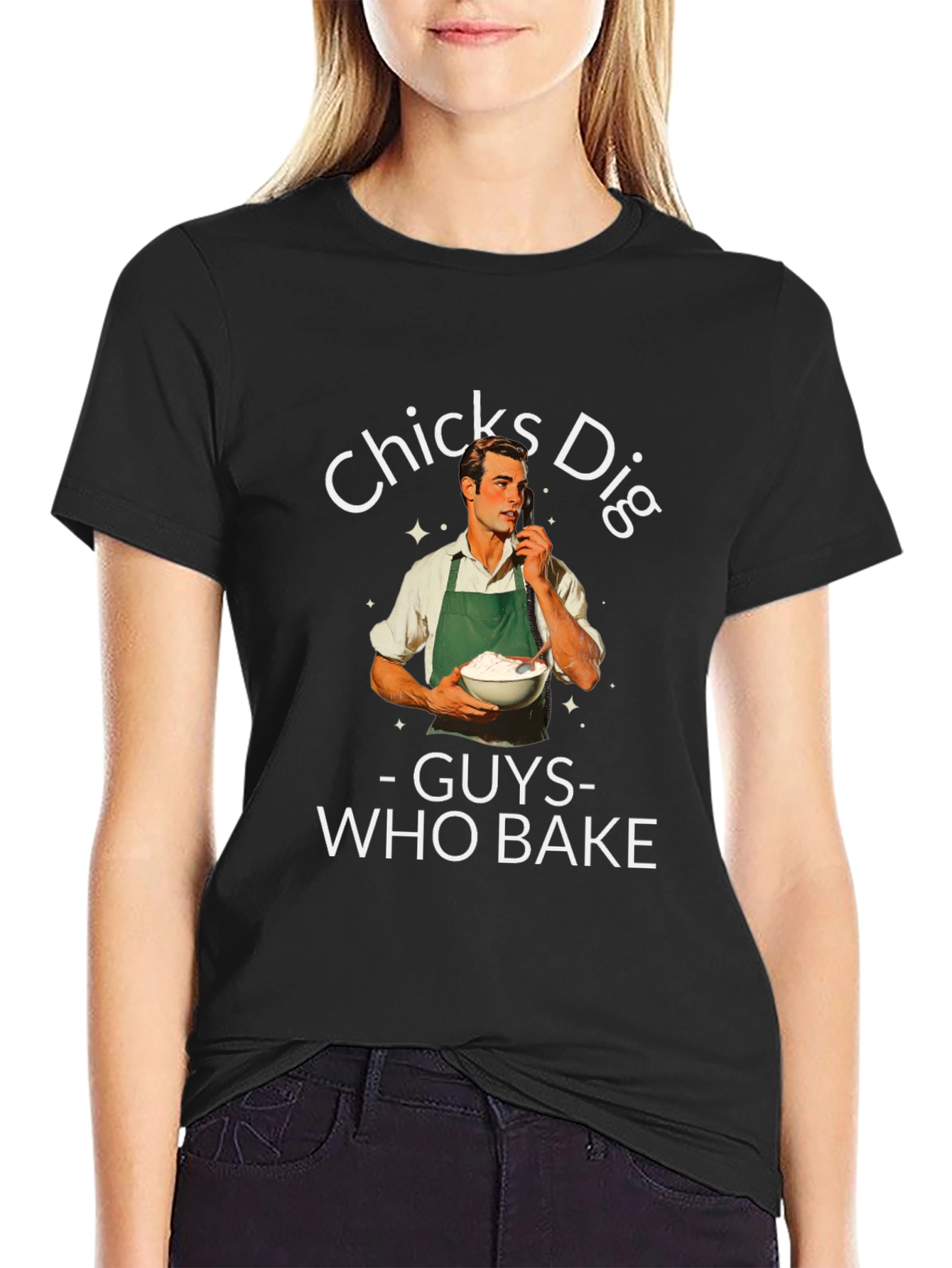 Black Funny "Chicks Dig Guys Who Bake" Graphic T-Shirt view 2