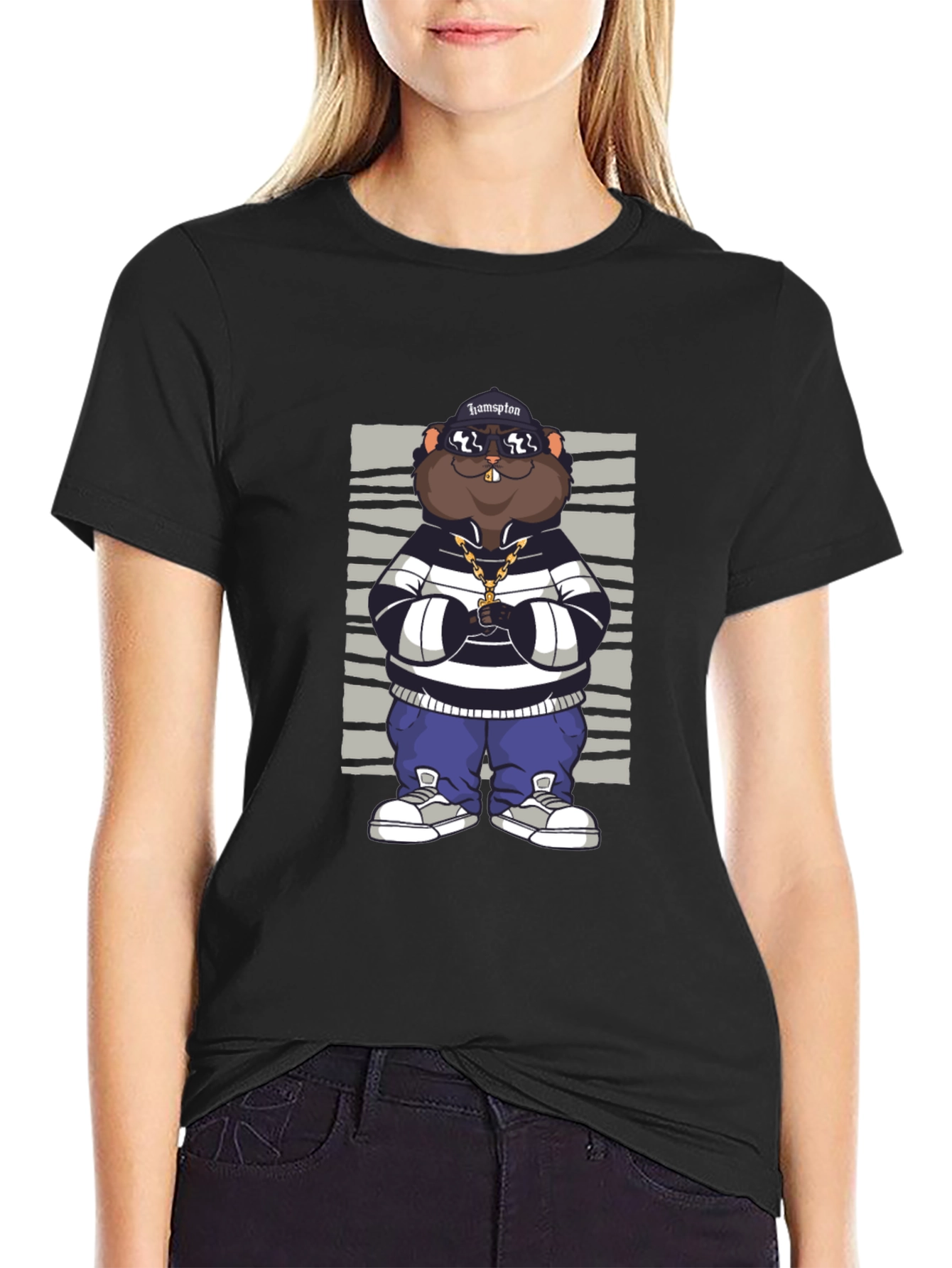 Black Funny Cartoon Animal Graphic Tee view 2
