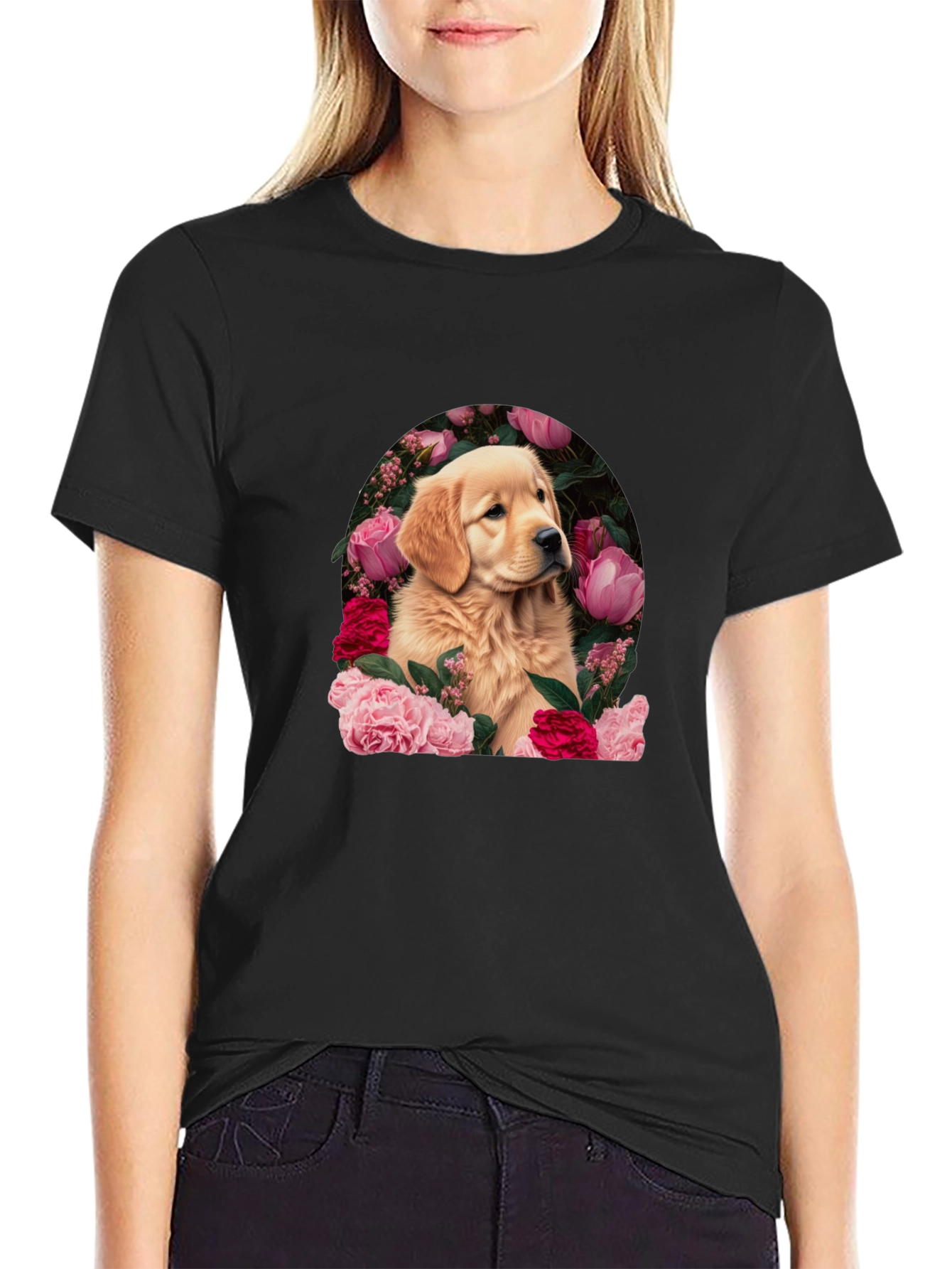 Black Golden Retriever & Floral Black T-Shirt view 2