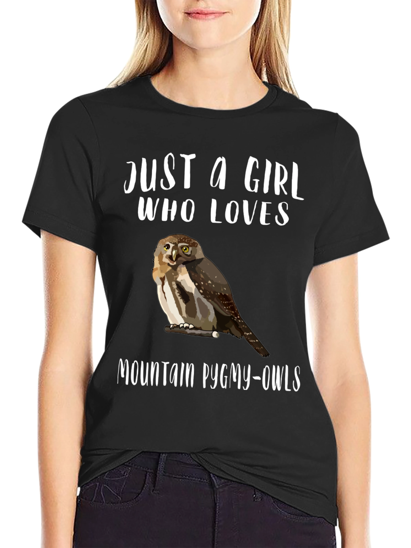 Black Just a Girl Who Loves Mountain Pygmy-Owls T-Shirt view 2
