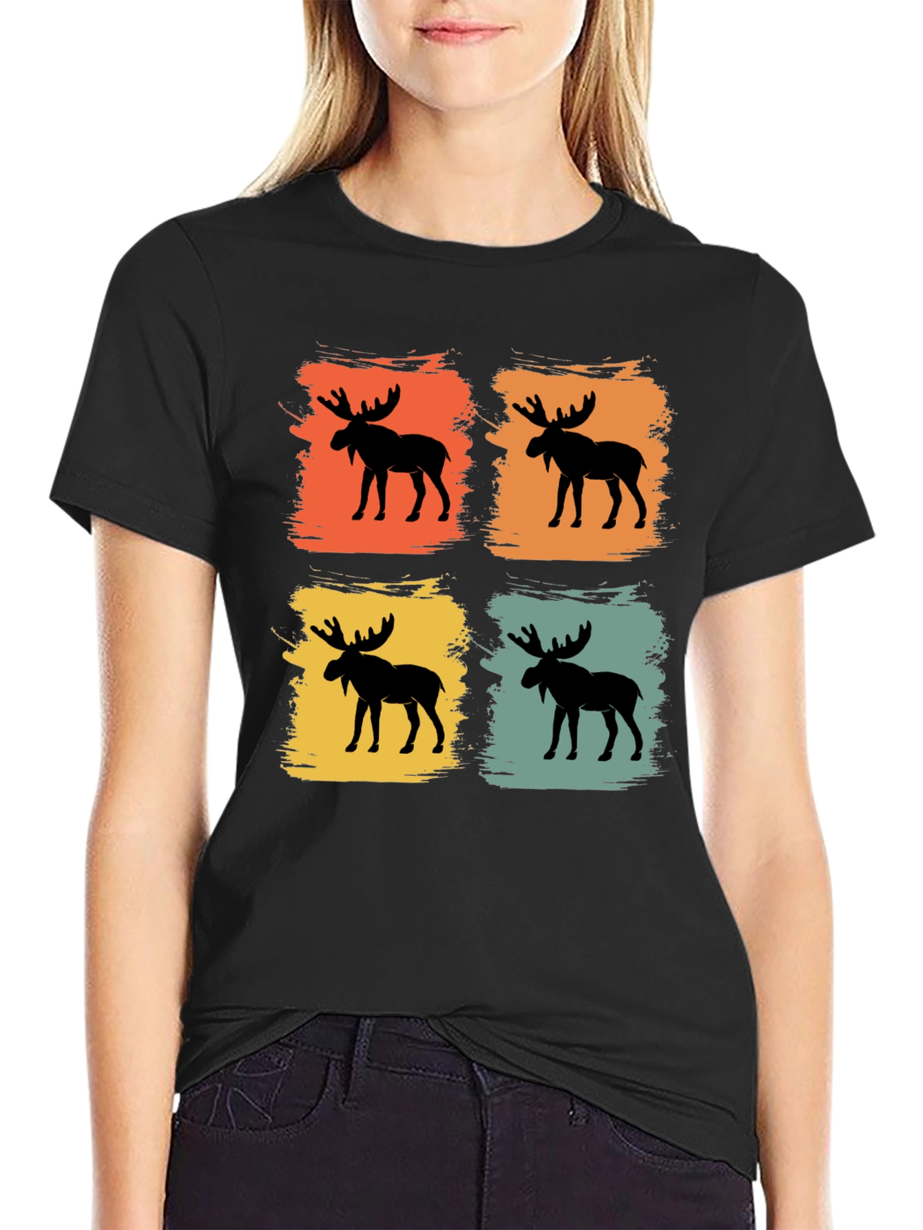 Black Retro Moose Graphic Tee - Black Cotton Blend Shirt view 2