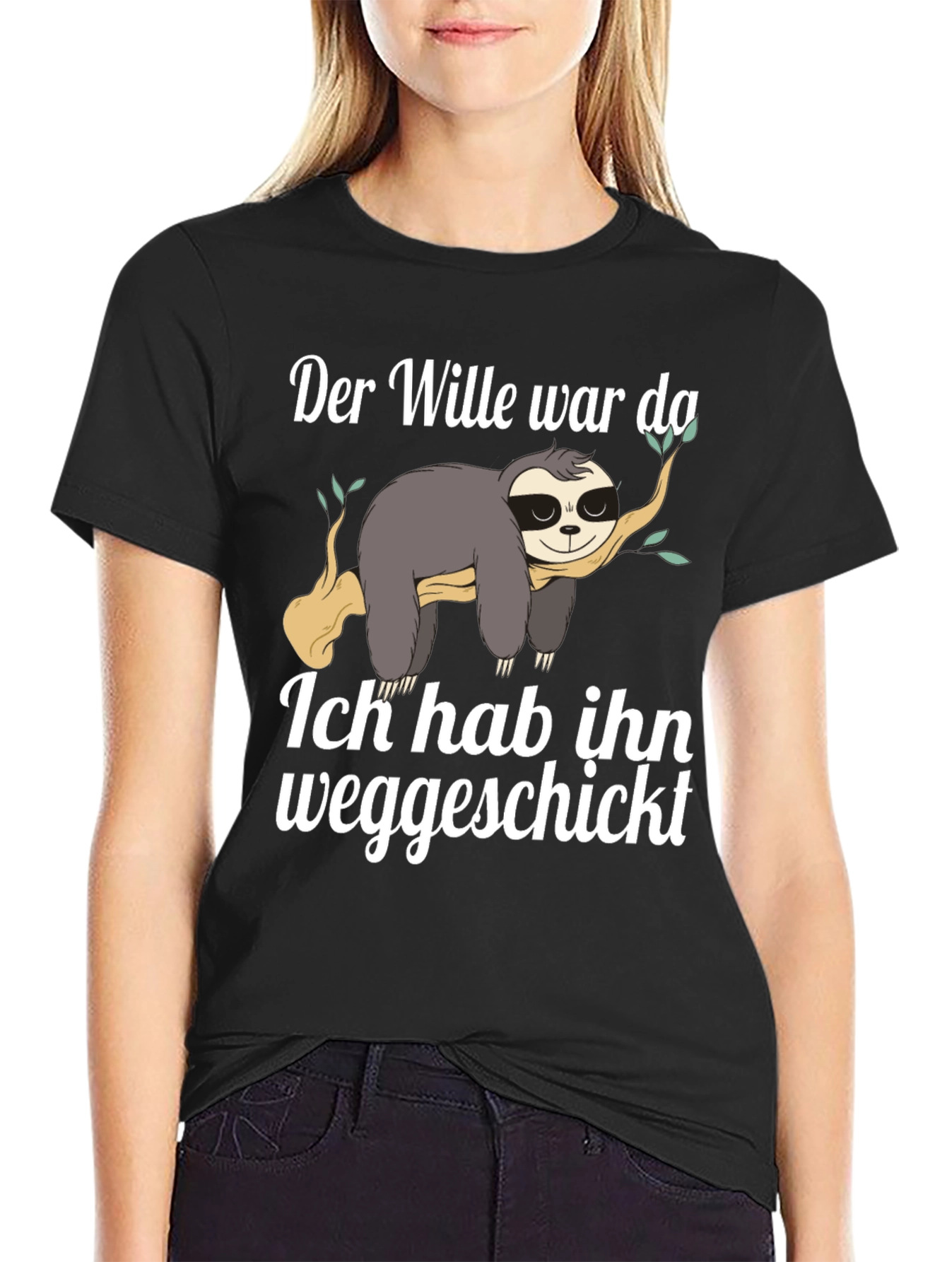 Black Sloth Funny German T-Shirt "Der Wille war da" view 2