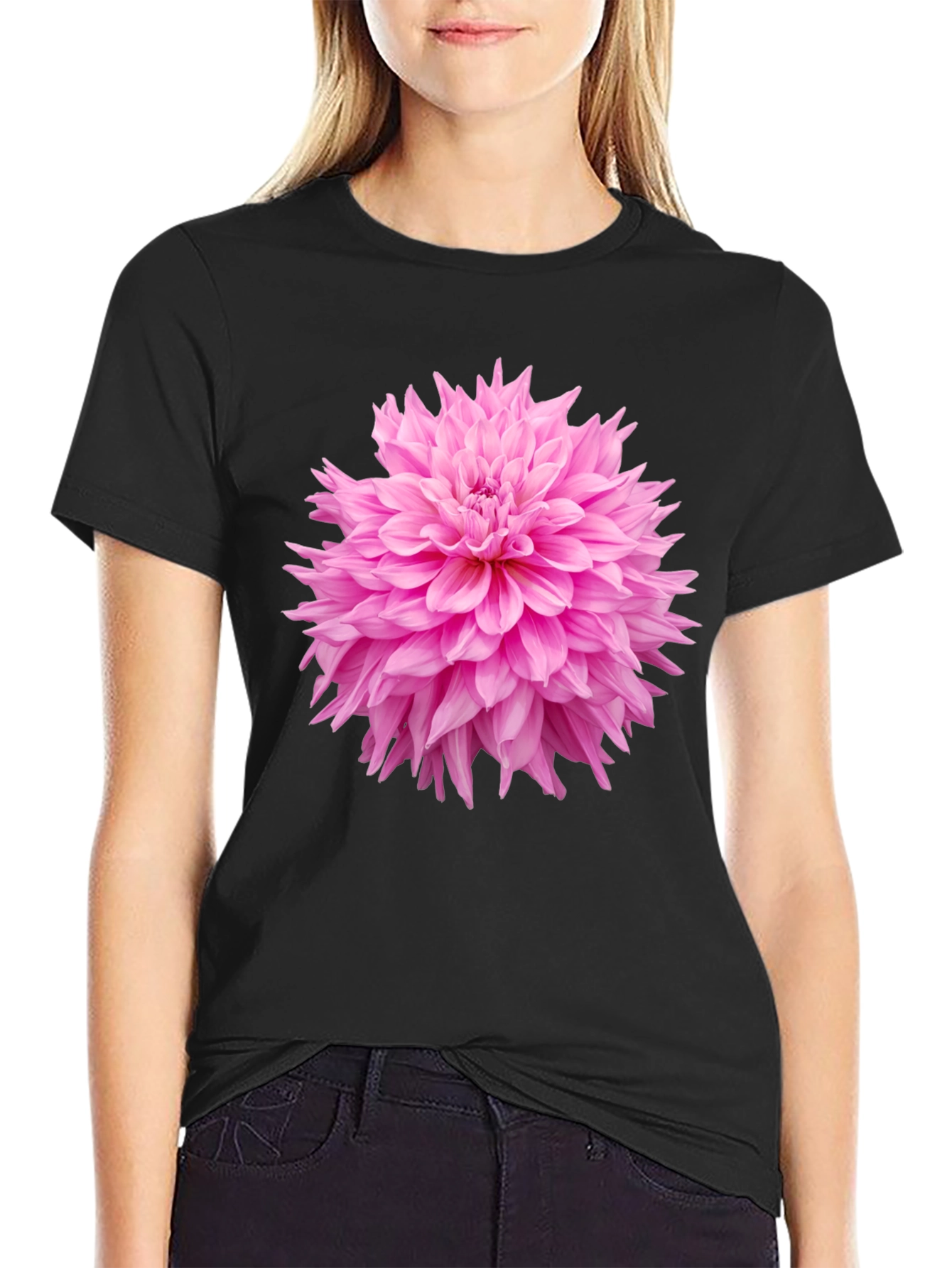 Black Black T-Shirt with Pink Flower Graphic view 2
