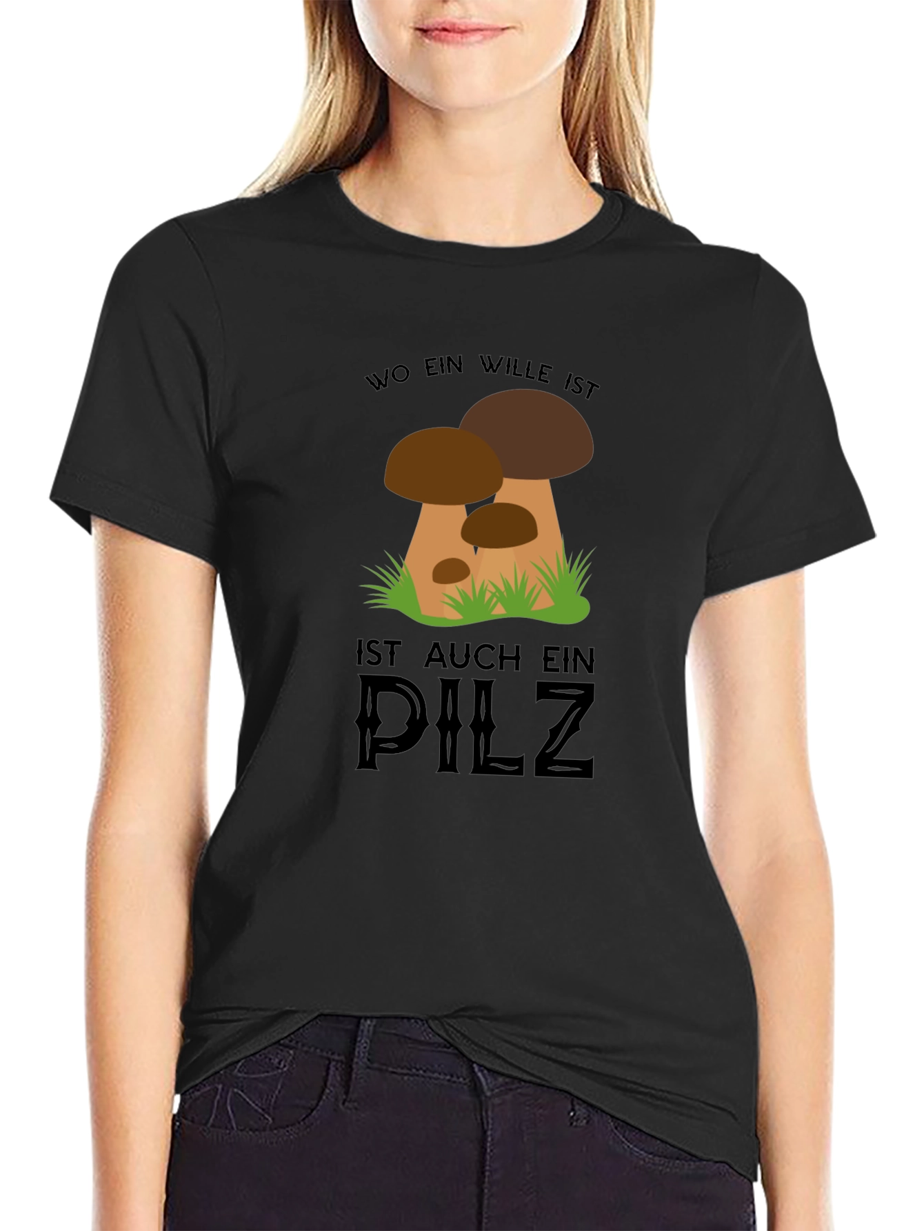 Black Mushroom T-Shirt - "Wo Ein Wille Ist Auch Ein Pilz" Design view 2