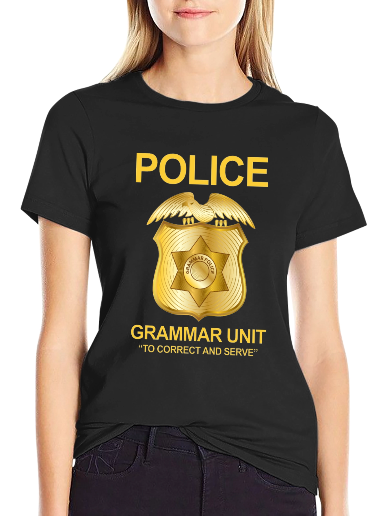 Black Grammar Police T-Shirt - Correct and Serve view 2