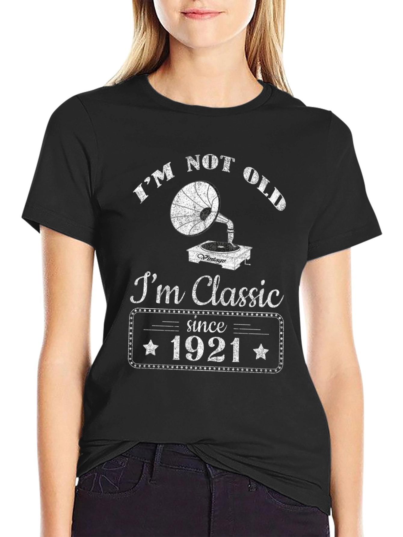 Black Vintage Style 'I'm Classic Since 1921' Black T-Shirt view 2