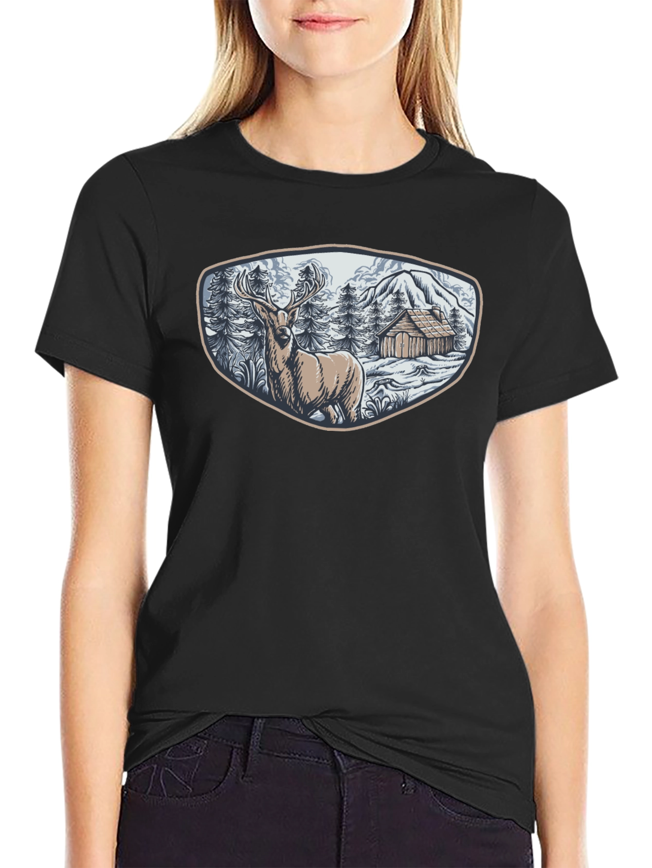 Black Cabin & Deer Graphic Tee - Men's Black T-Shirt view 2