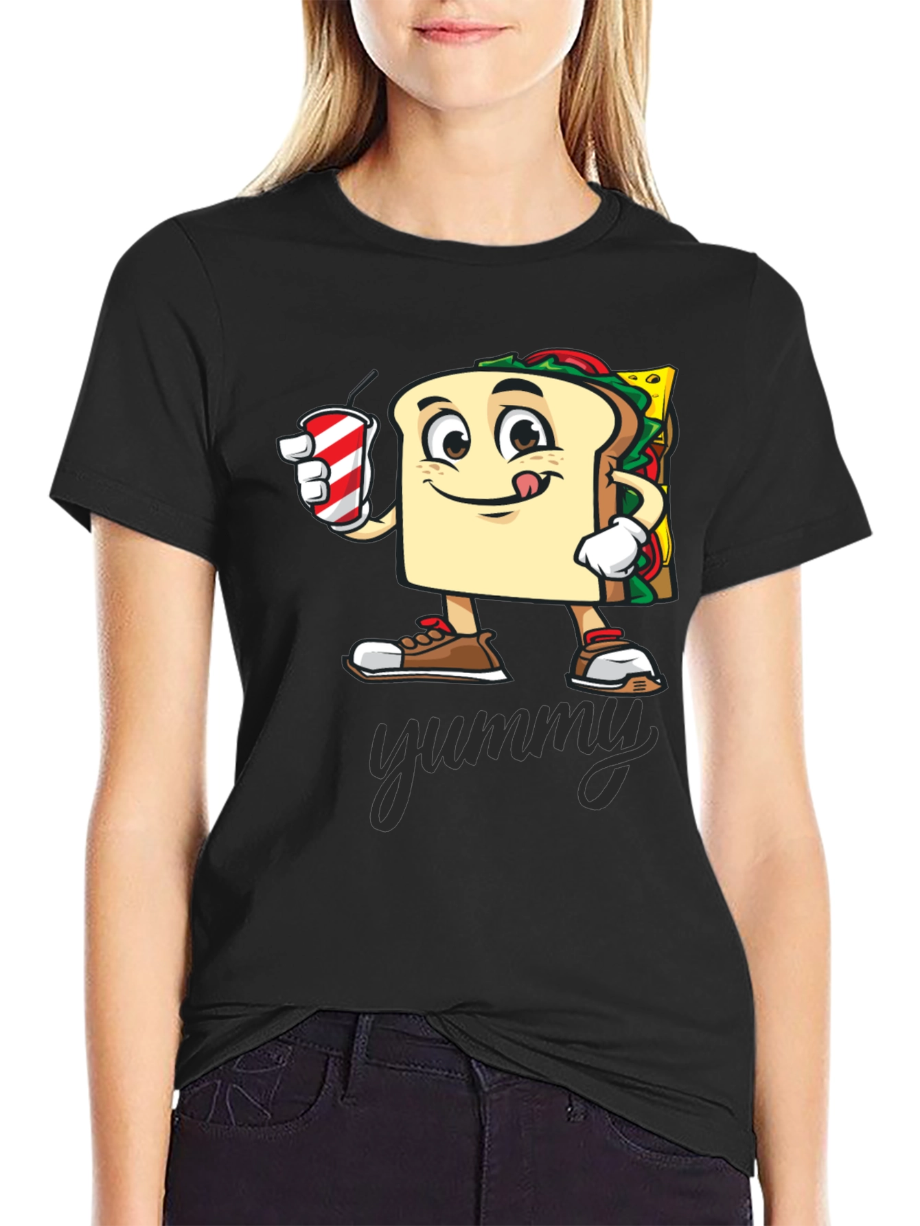 Black Sandwich Cartoon T-Shirt - "Yummy" Design view 2